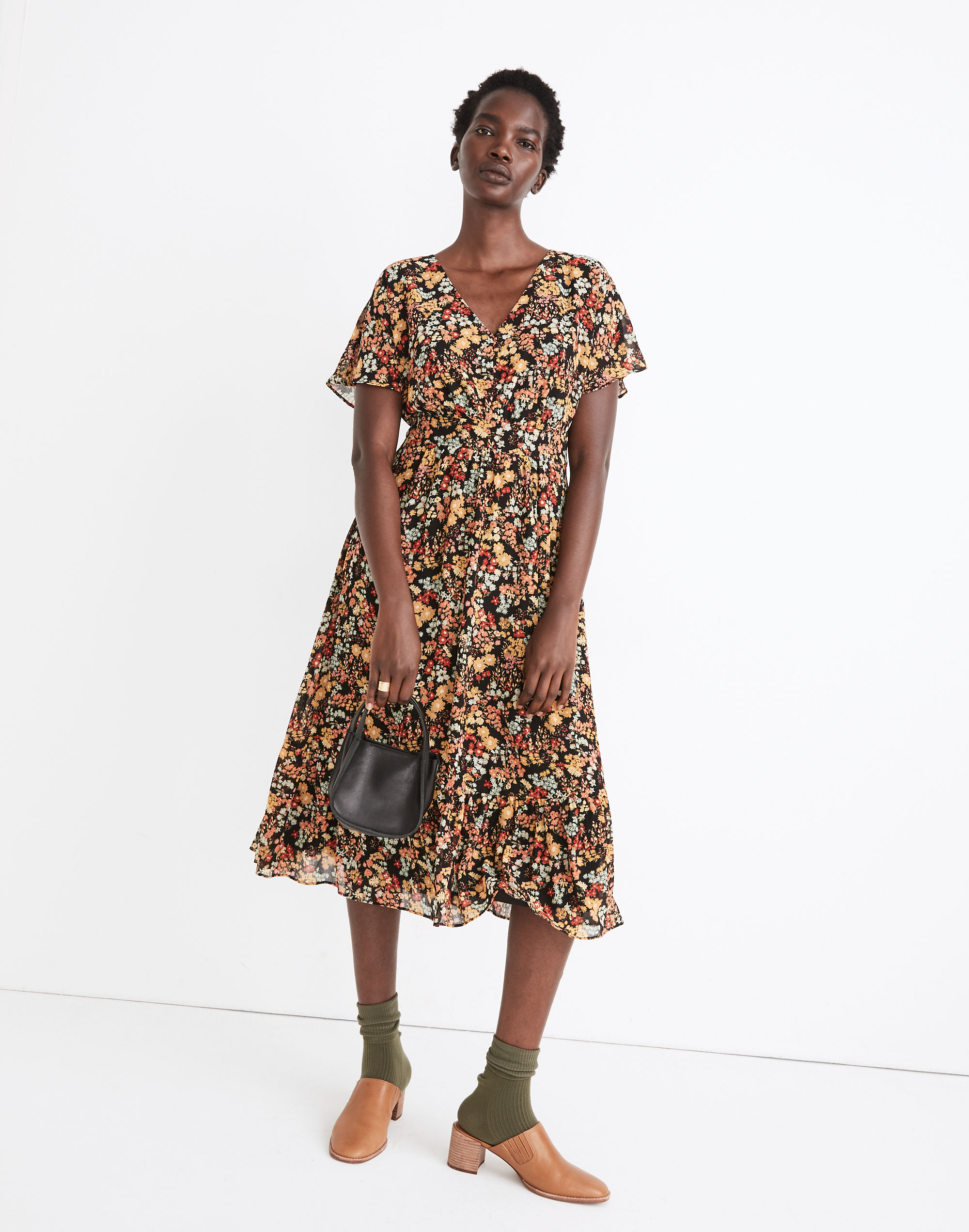 Dolman-Sleeve Ruffle-Hem Midi Dress in Flower Garden