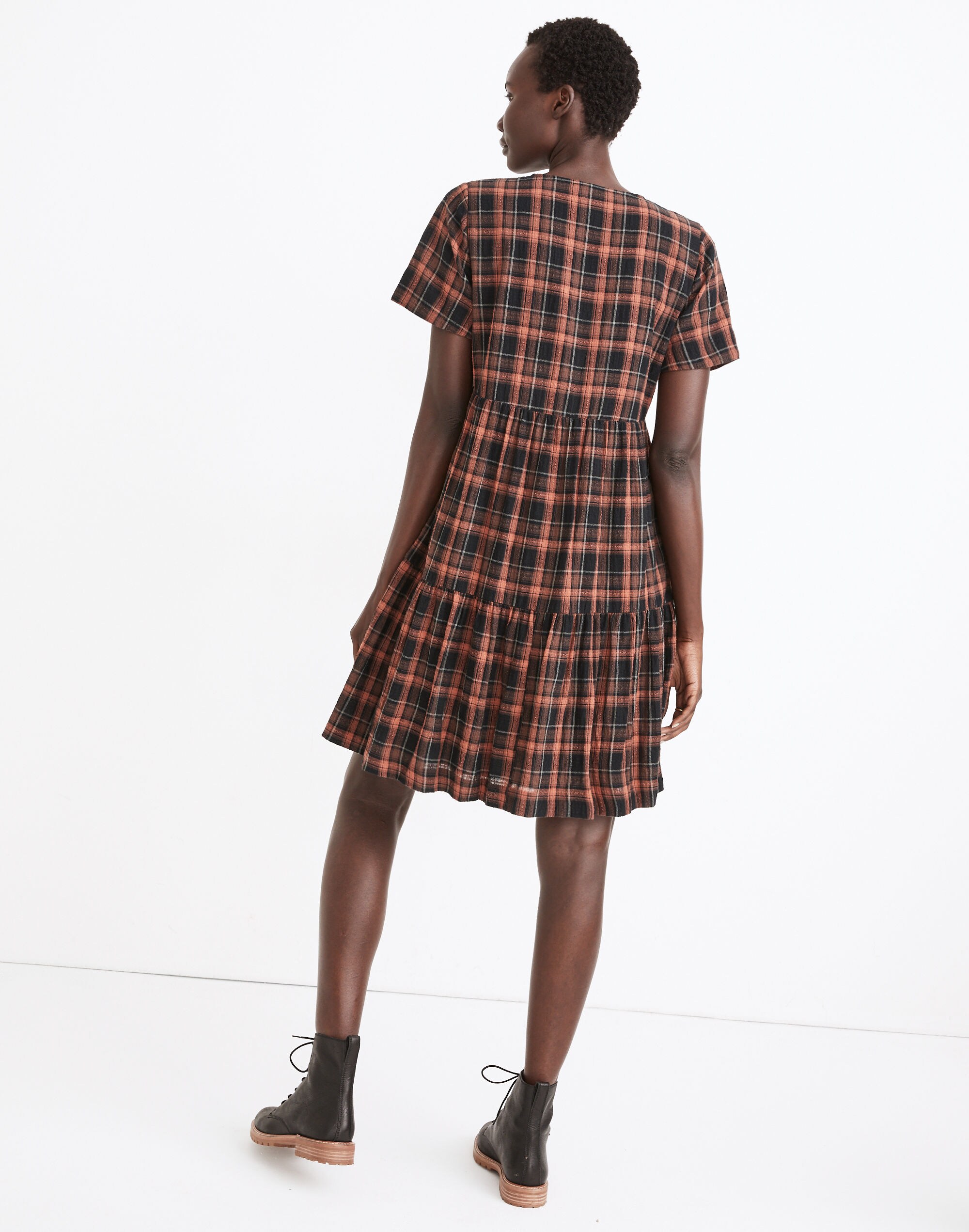 Plaid Faux-Wrap Short-Sleeve Tiered Mini Dress