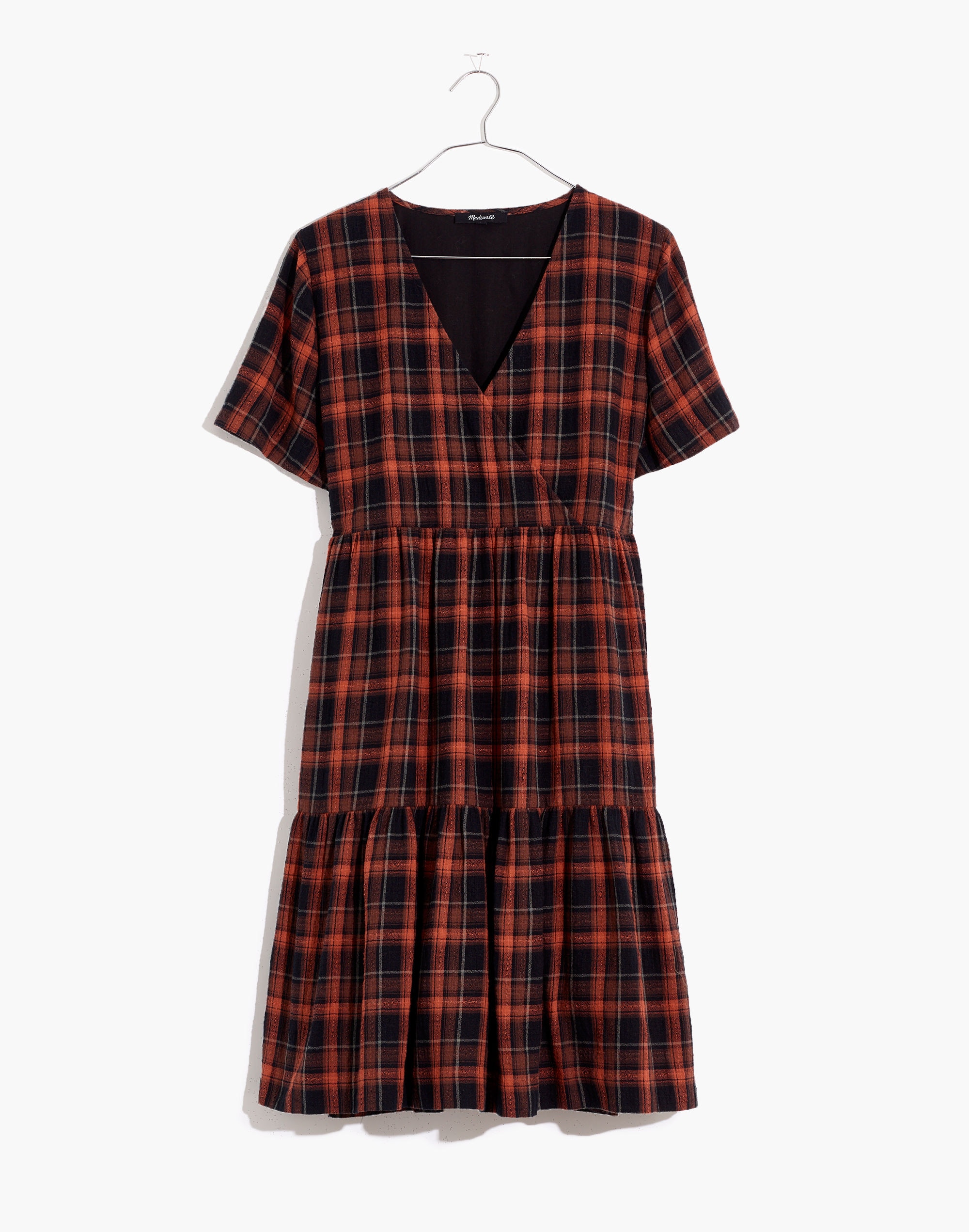 Plaid Faux-Wrap Short-Sleeve Tiered Mini Dress