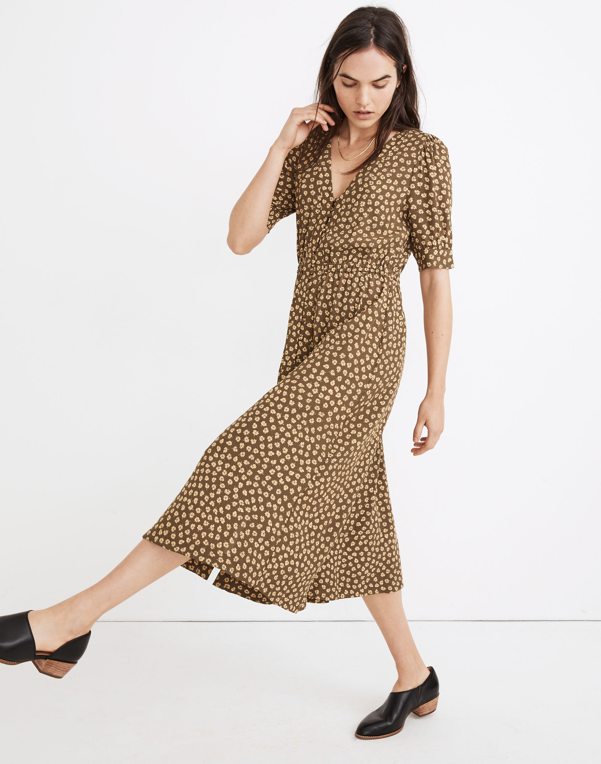 Button-Cuff Midi Dress in Woodcut Flowers