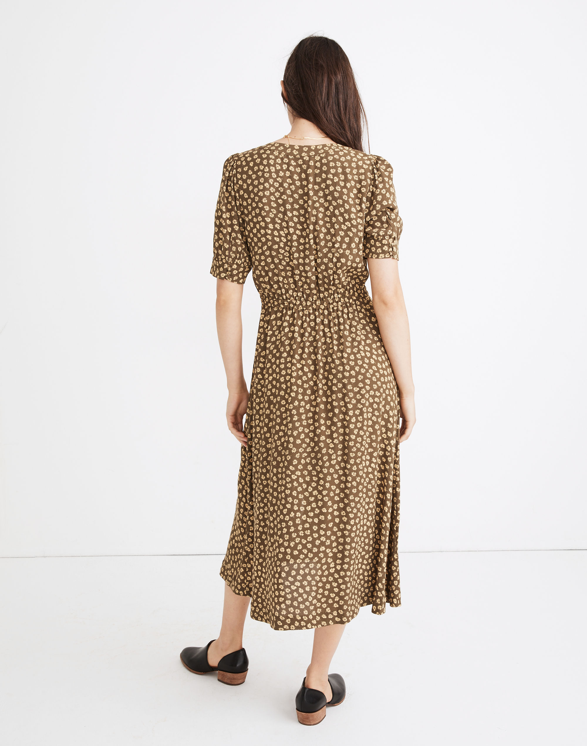 Button-Cuff Midi Dress in Woodcut Flowers