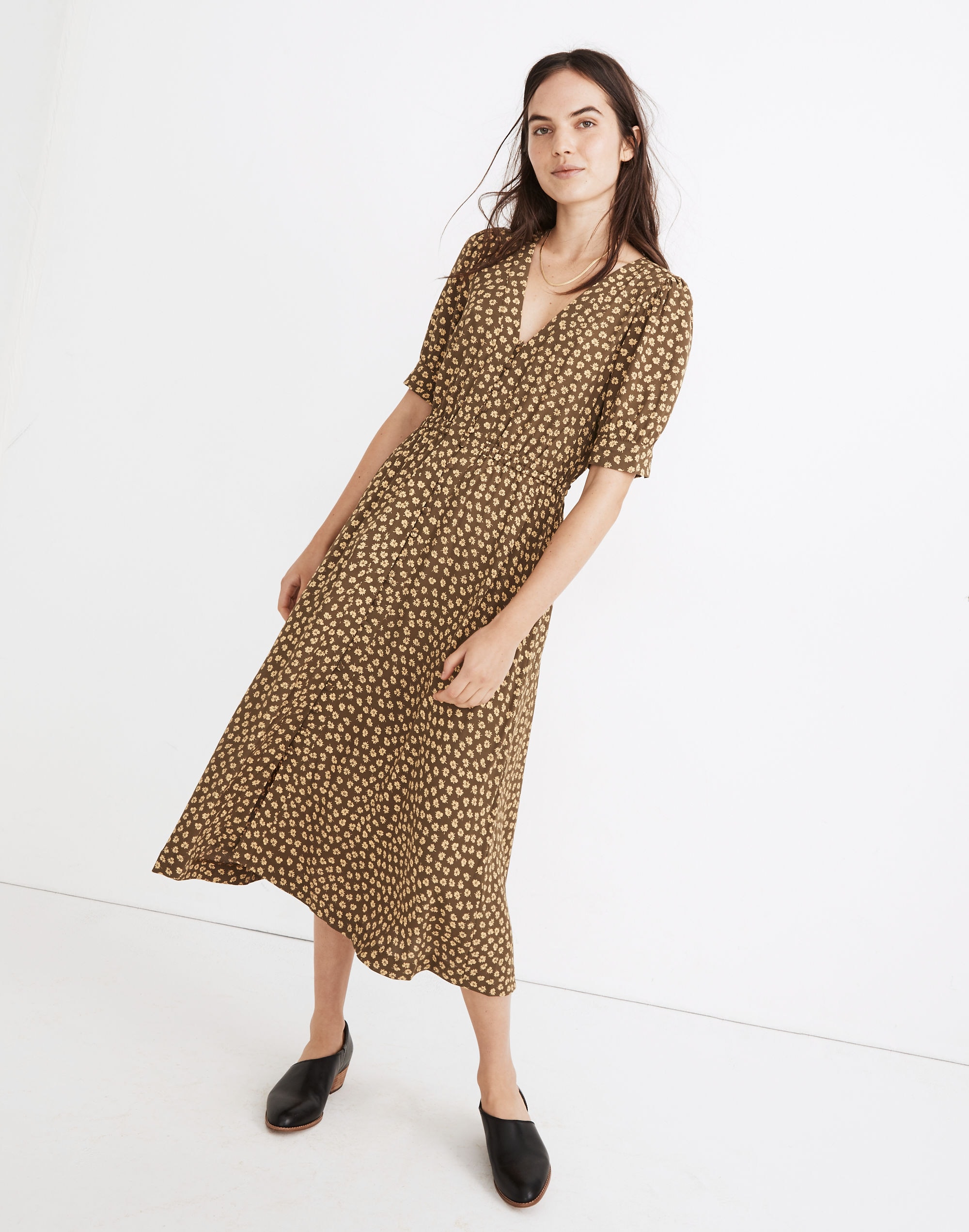 Button-Cuff Midi Dress in Woodcut Flowers