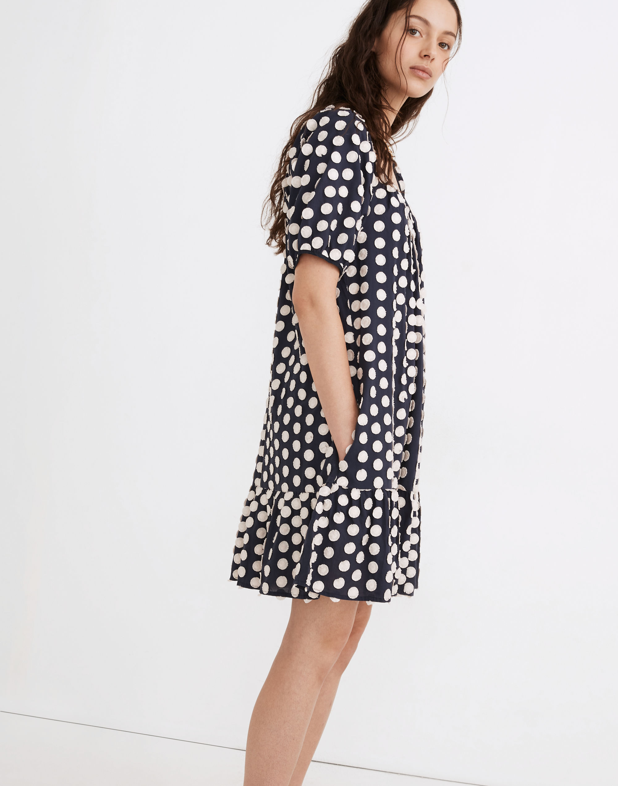 Shirred Ruffle-Hem Mini Dress in Textural Dot