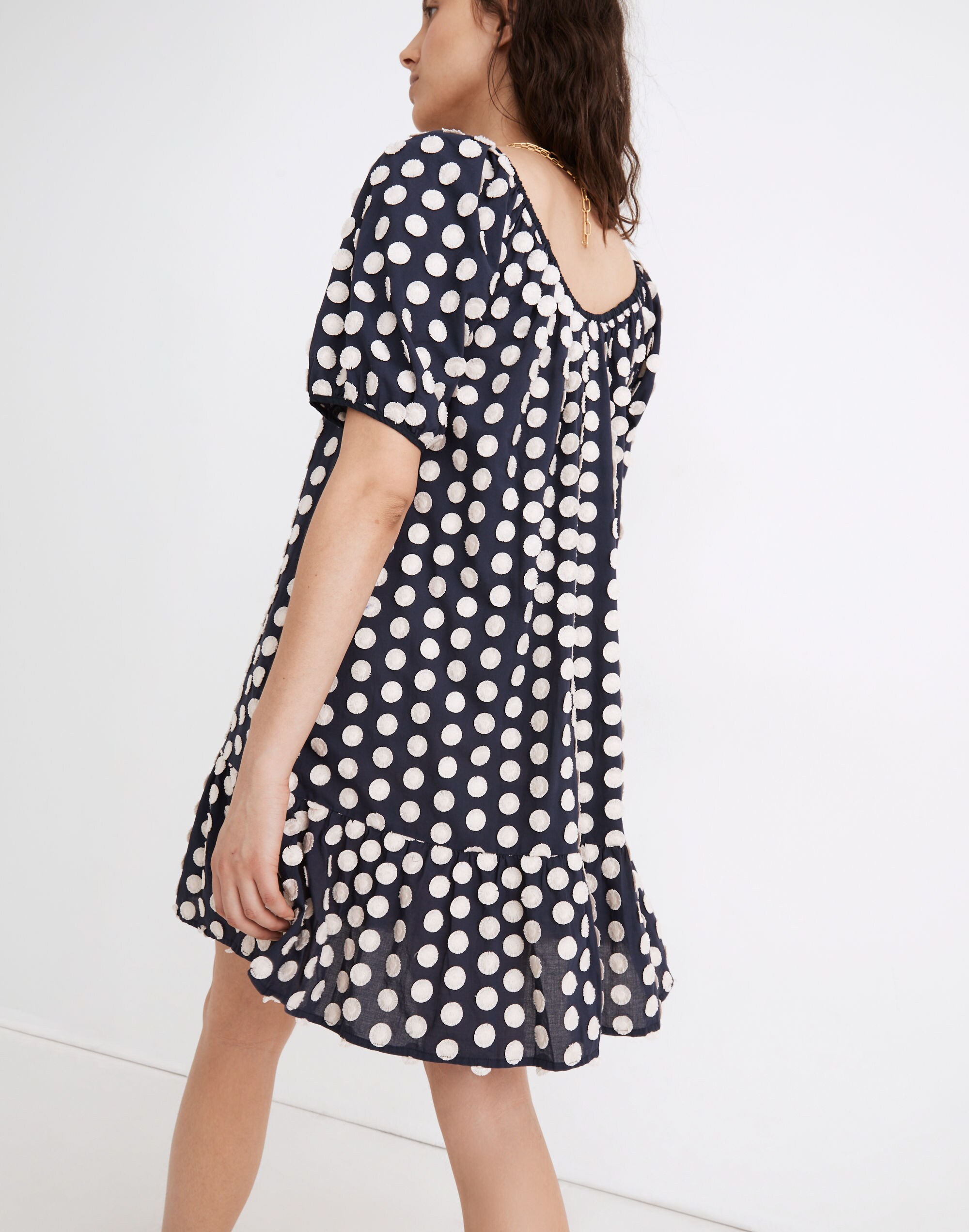 Shirred Ruffle-Hem Mini Dress in Textural Dot