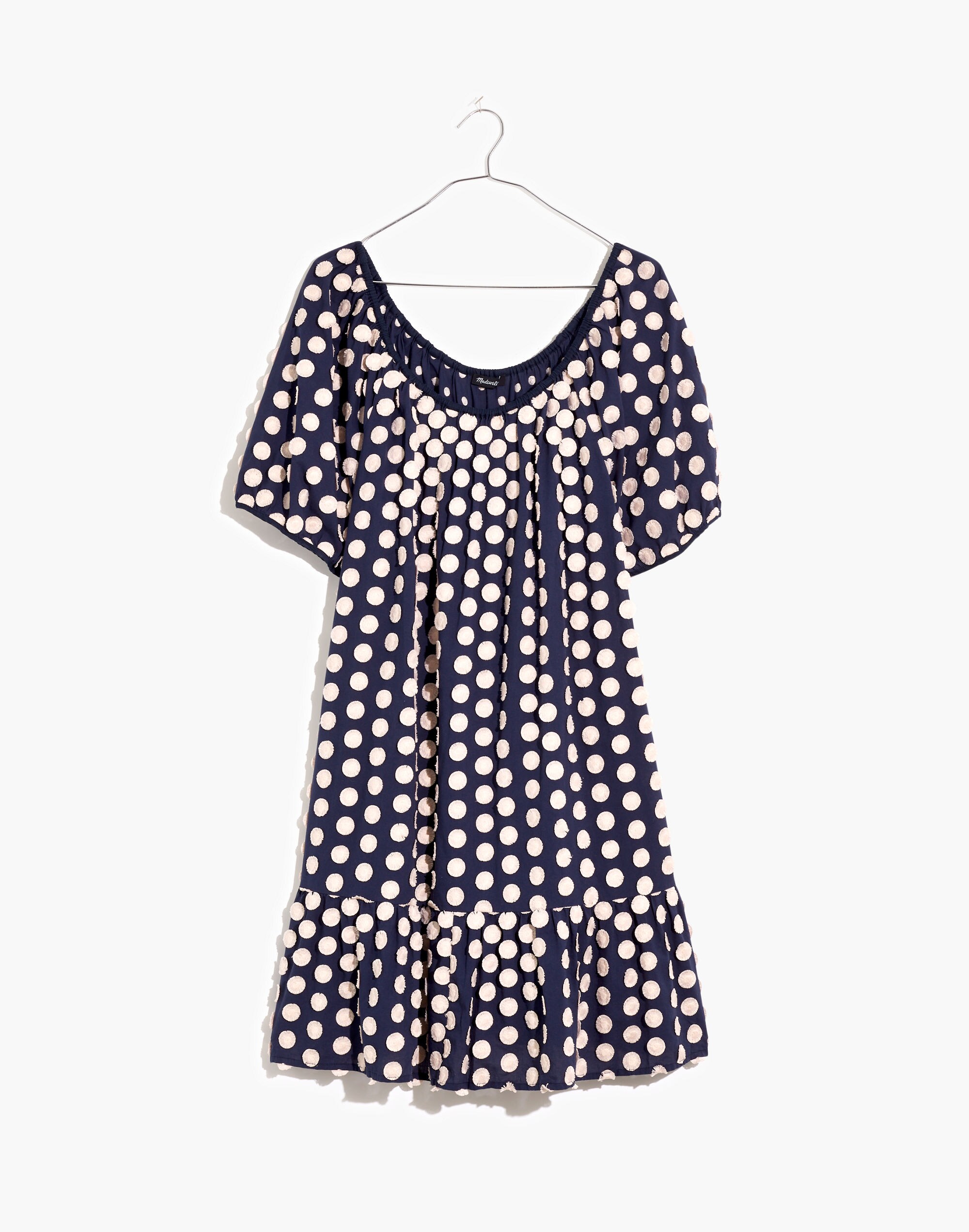 Shirred Ruffle-Hem Mini Dress in Textural Dot