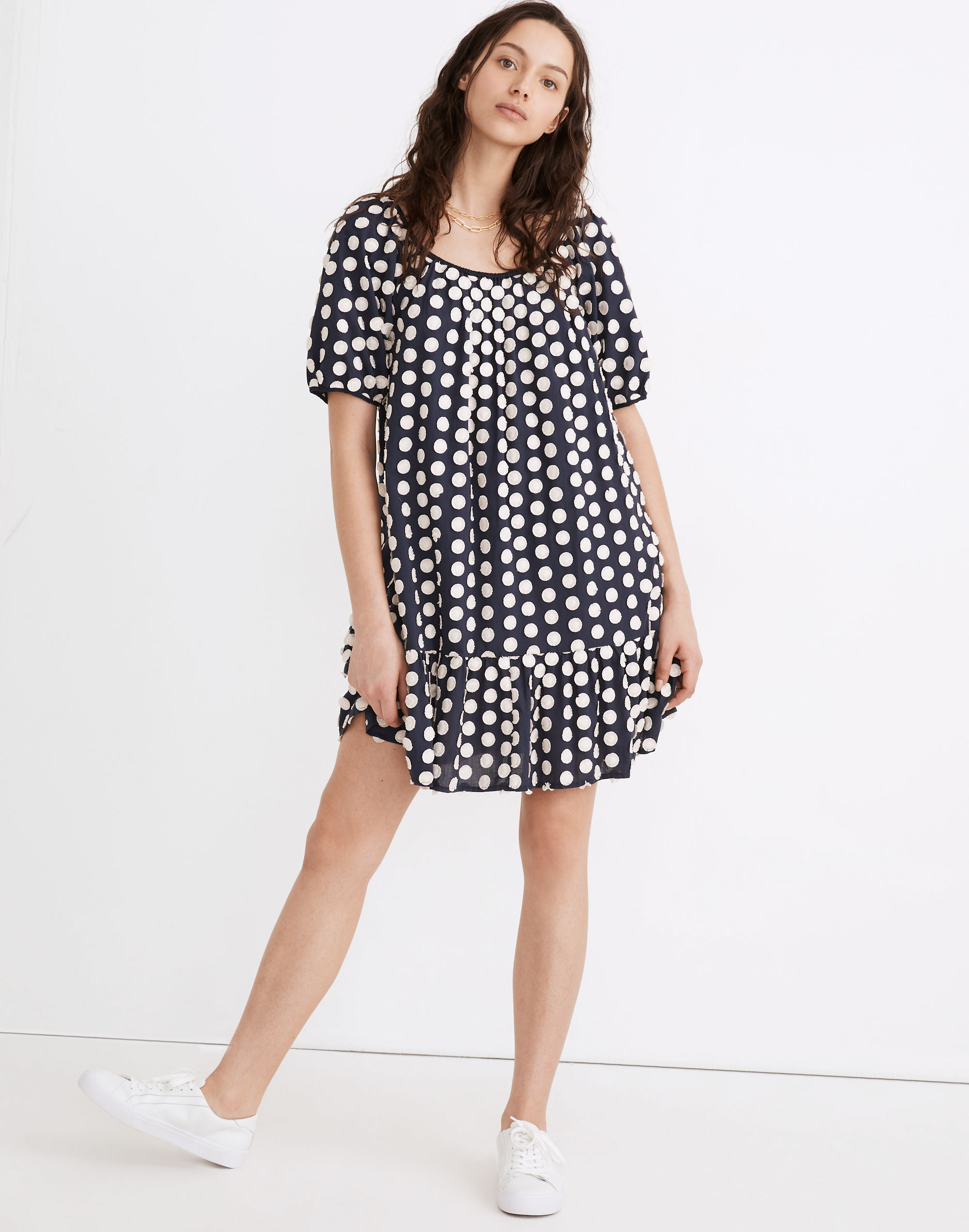 shirred ruffle-hem mini dress in textural dot