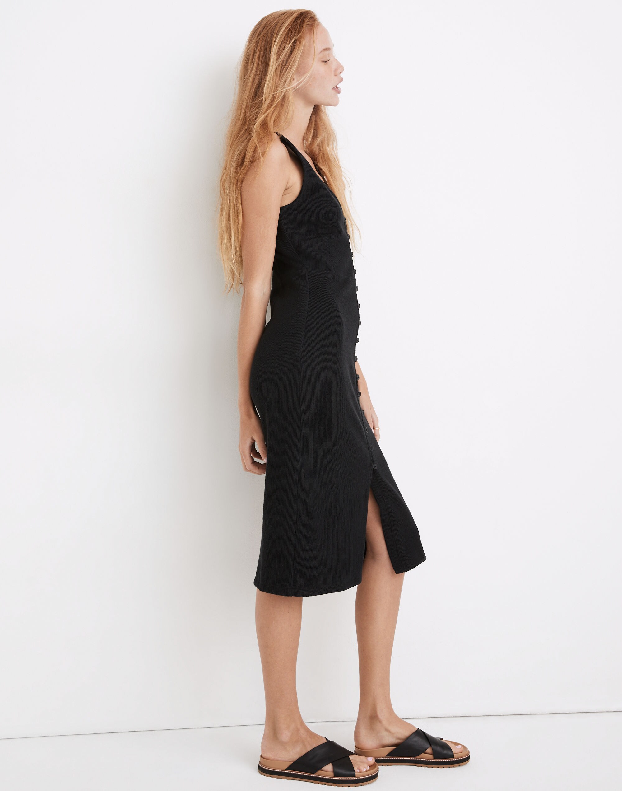Organic Cotton Ribbed Button-Down Tank Midi Dress