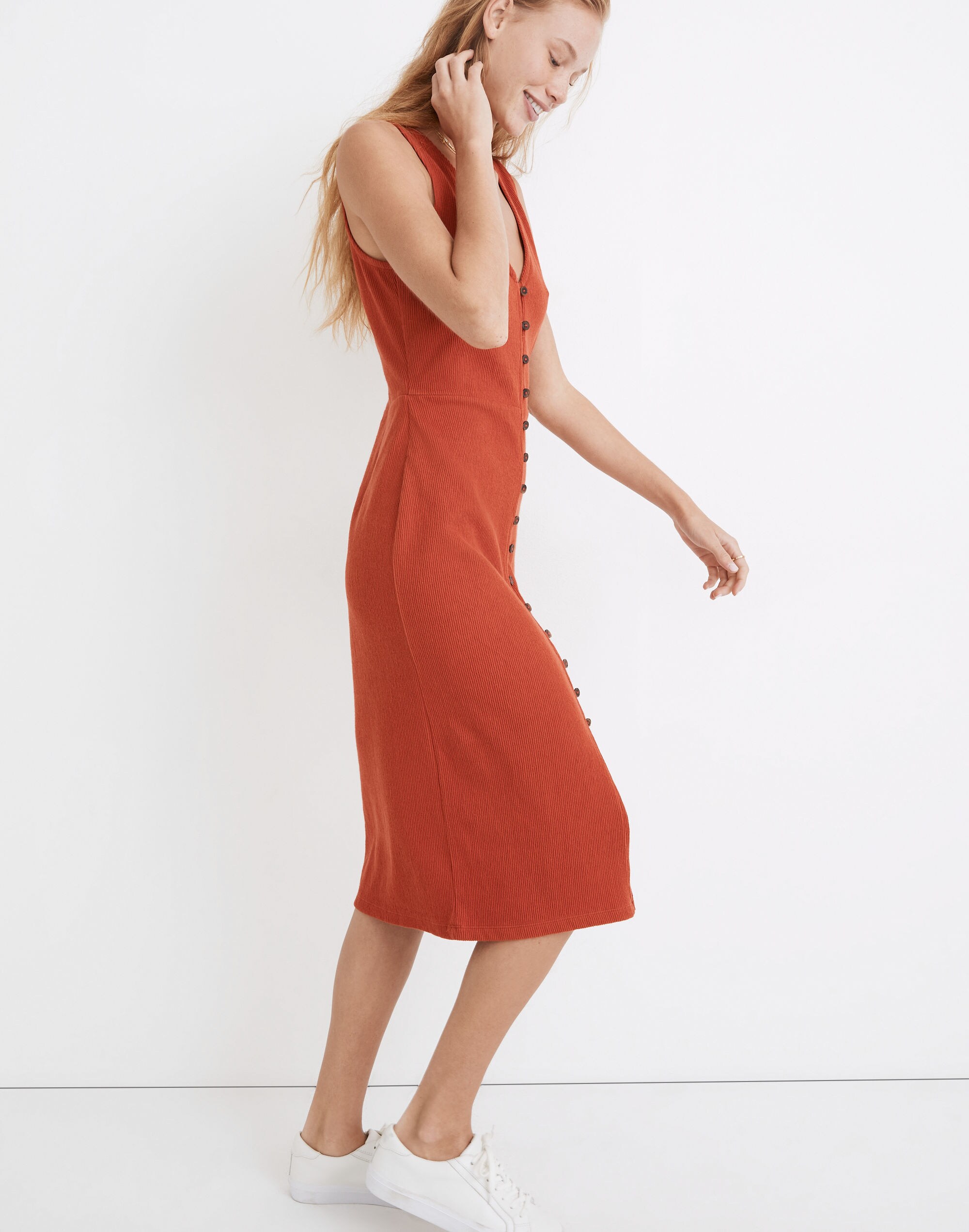 Organic Cotton Ribbed Button-Down Tank Midi Dress