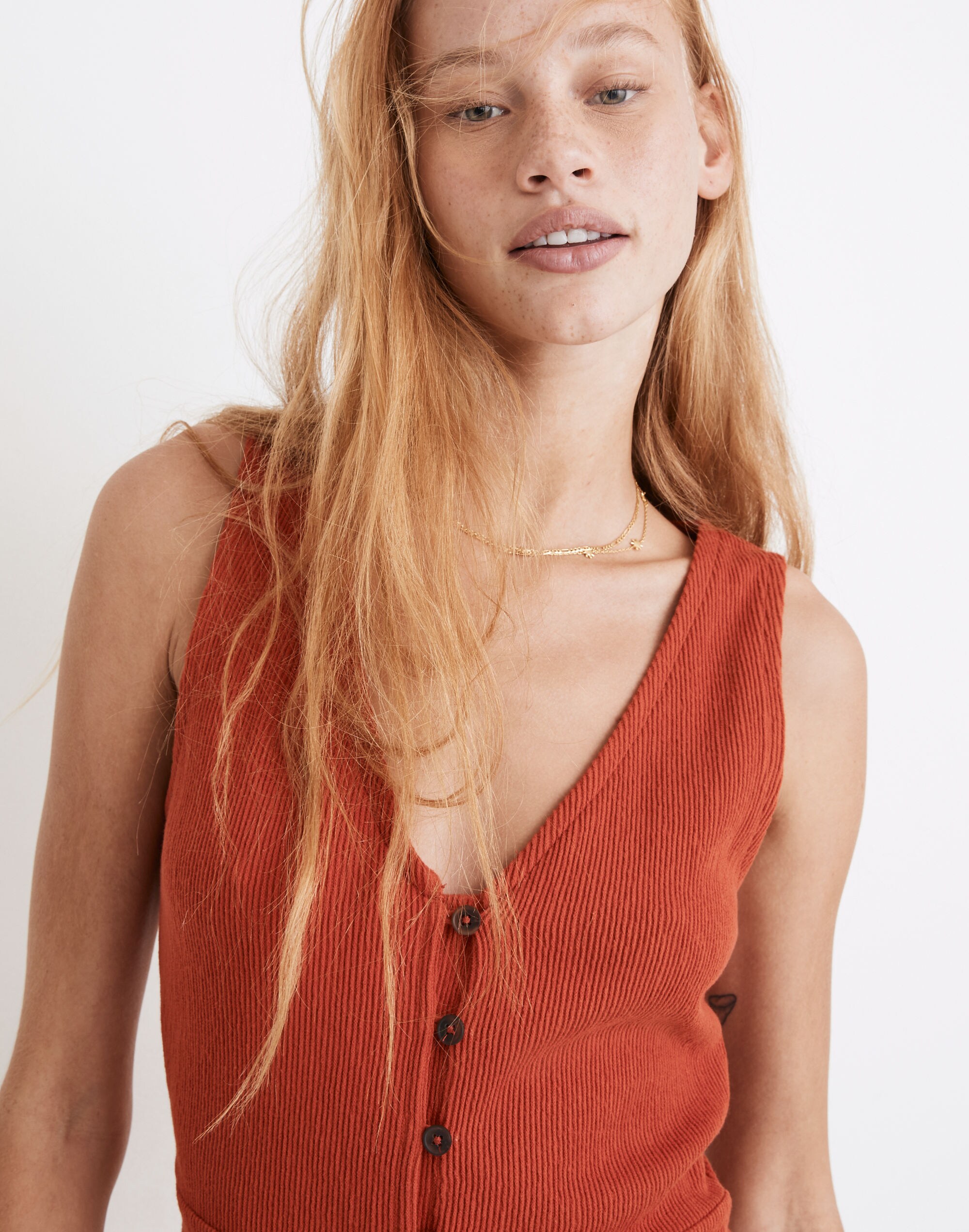 Organic Cotton Ribbed Button-Down Tank Midi Dress