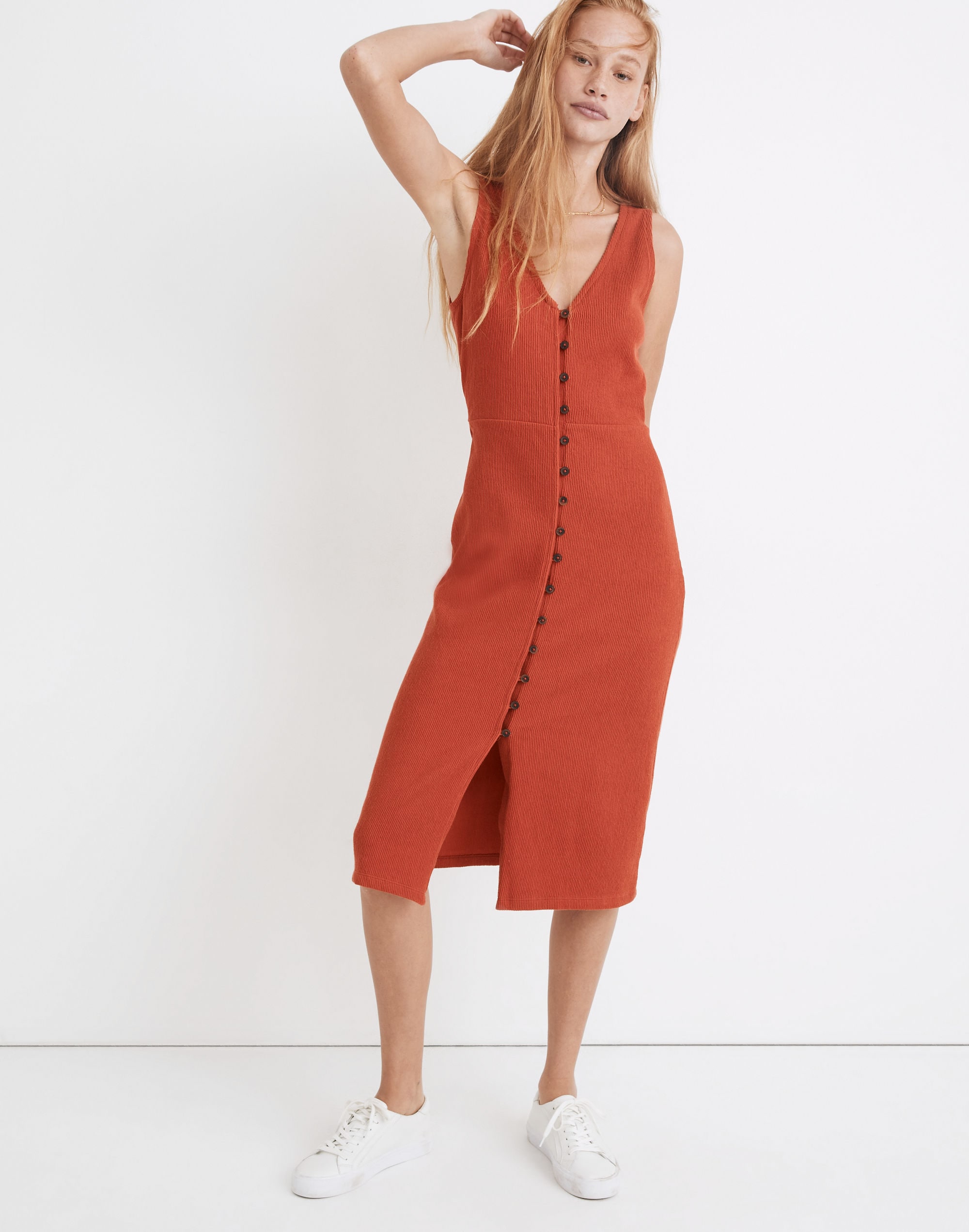 Organic Cotton Ribbed Button-Down Tank Midi Dress