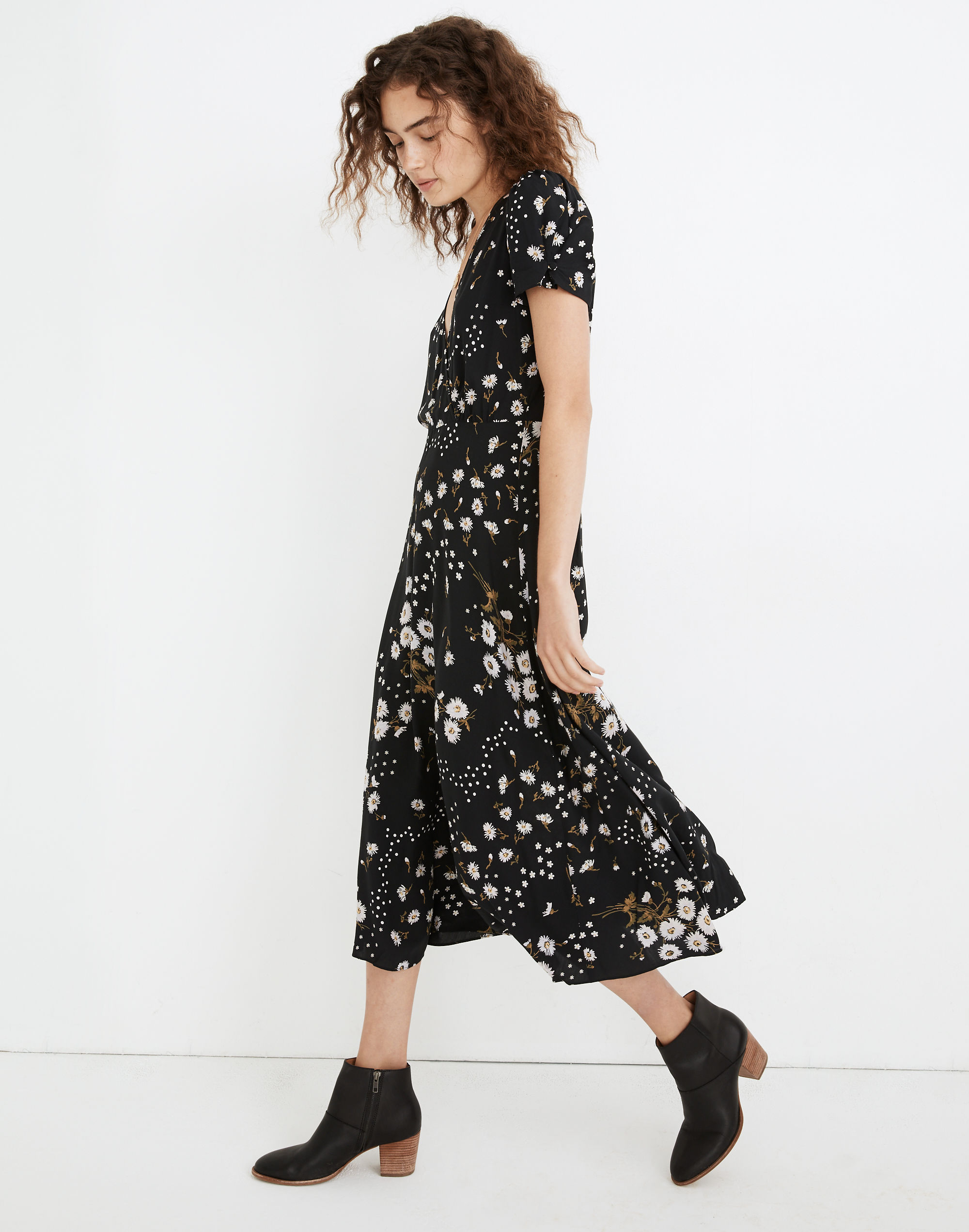 Puff-Sleeve Wrap-Front Midi Dress in Polka Daisies