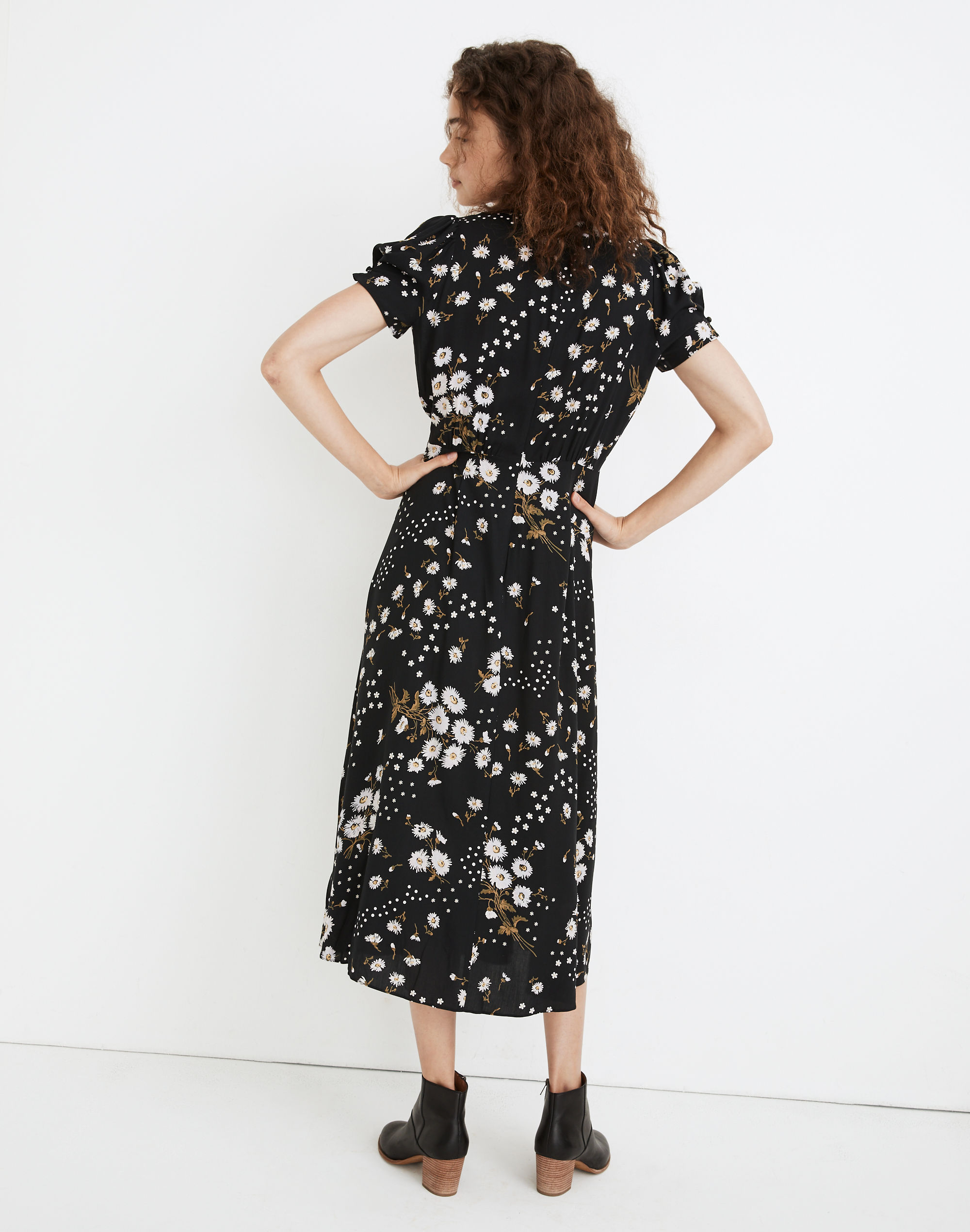 Petite Puff-Sleeve Wrap-Front Midi Dress in Polka Daisies