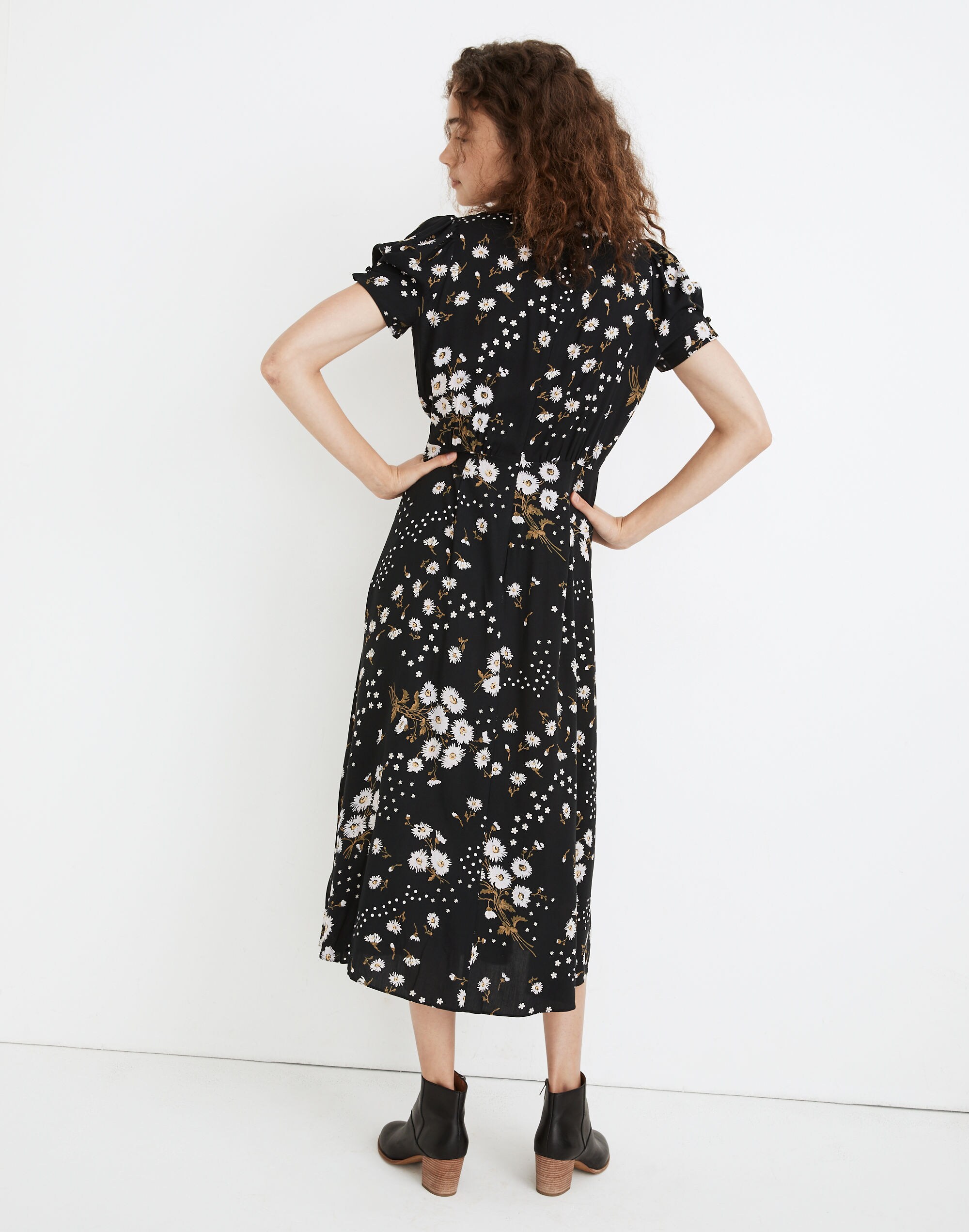Puff-Sleeve Wrap-Front Midi Dress in Polka Daisies