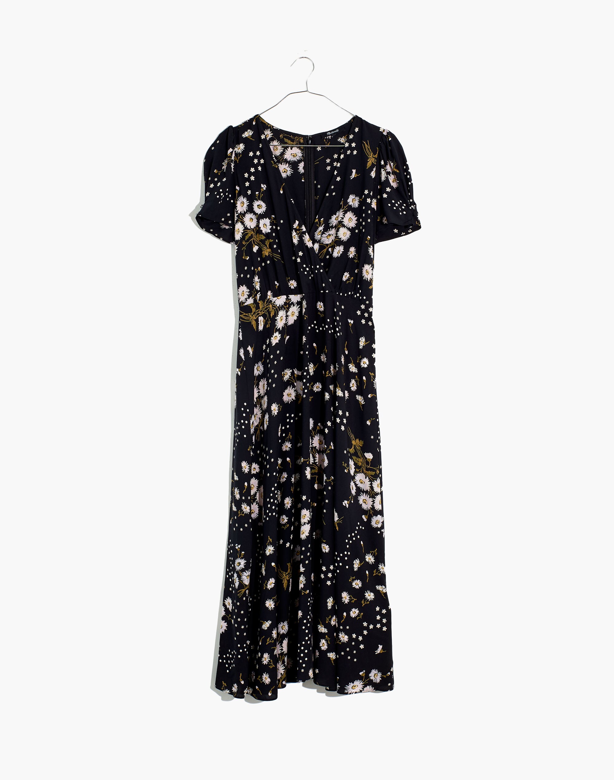 Puff-Sleeve Wrap-Front Midi Dress in Polka Daisies