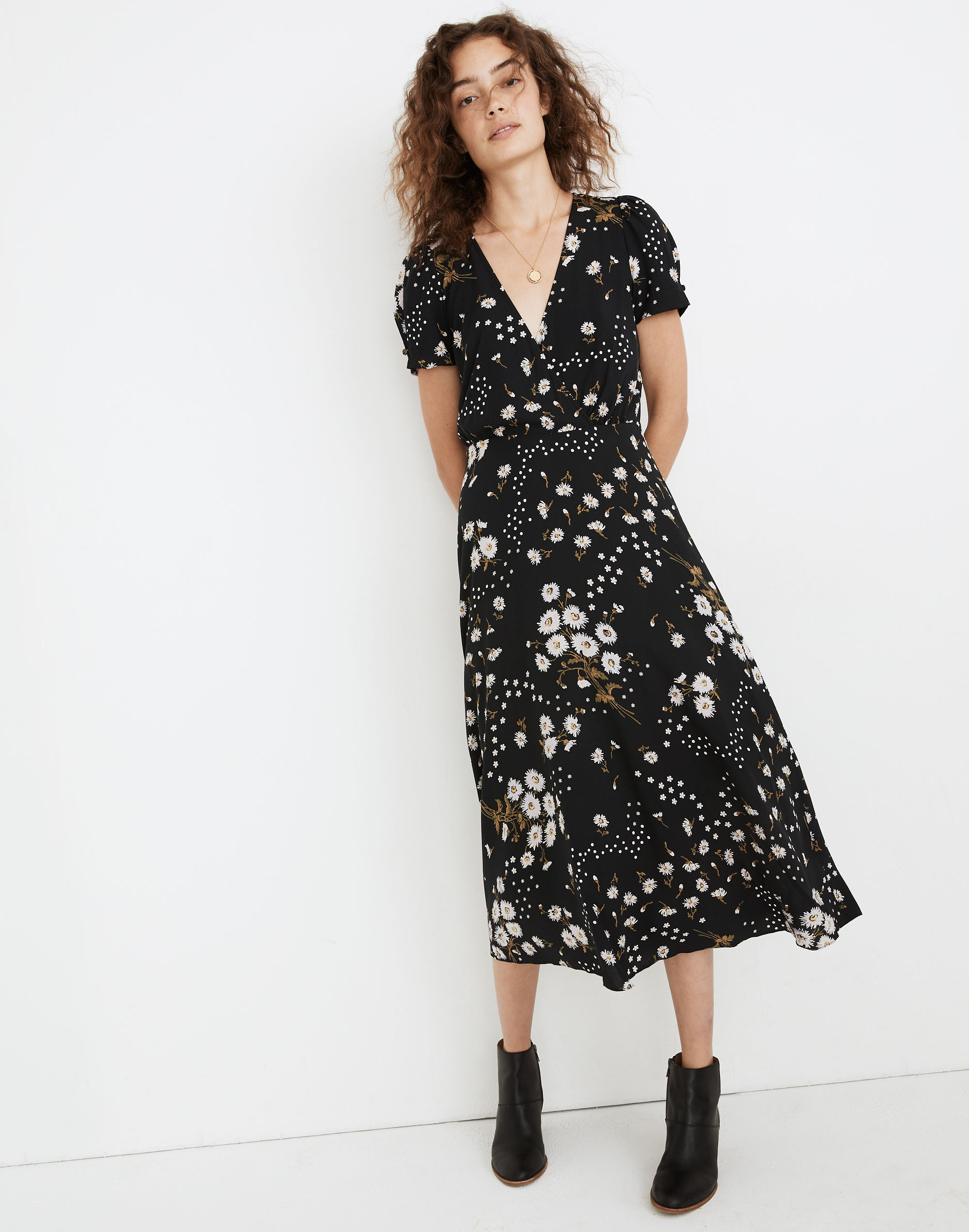 Petite Puff-Sleeve Wrap-Front Midi Dress in Polka Daisies