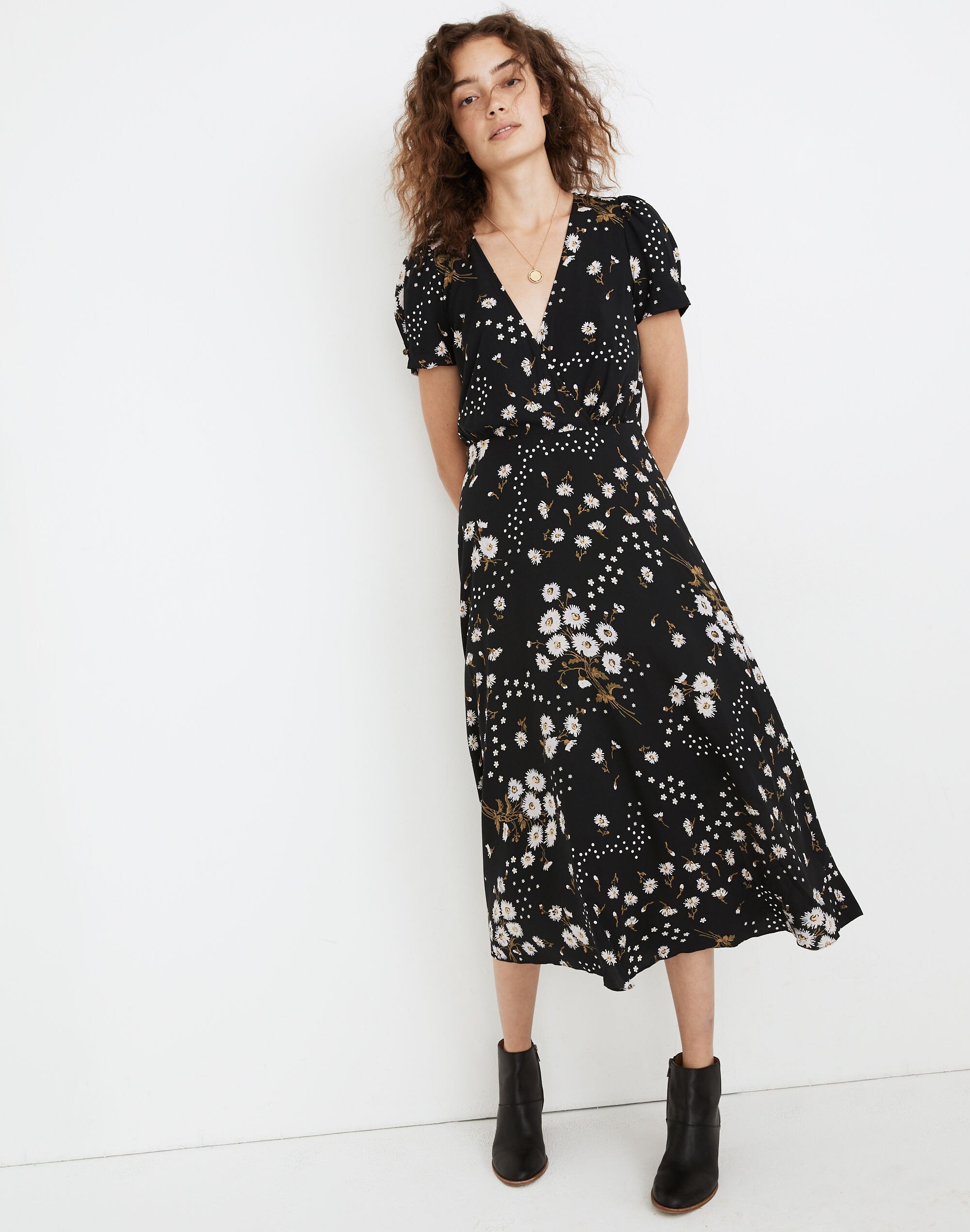 Puff-Sleeve Wrap-Front Midi Dress in Polka Daisies