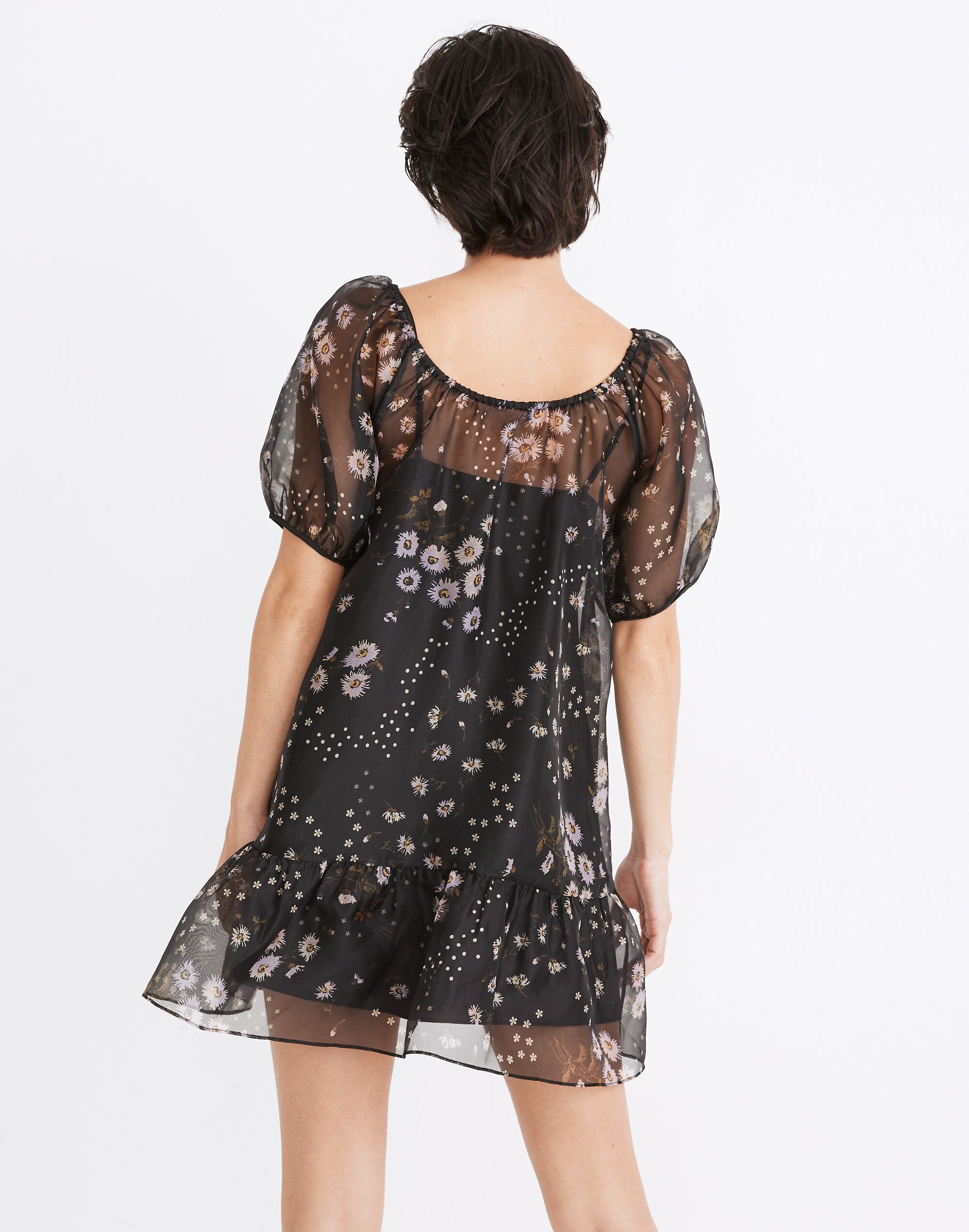 Silk Organza Puff-Sleeve Ruffle-Hem Mini Dress in Polka Daisies