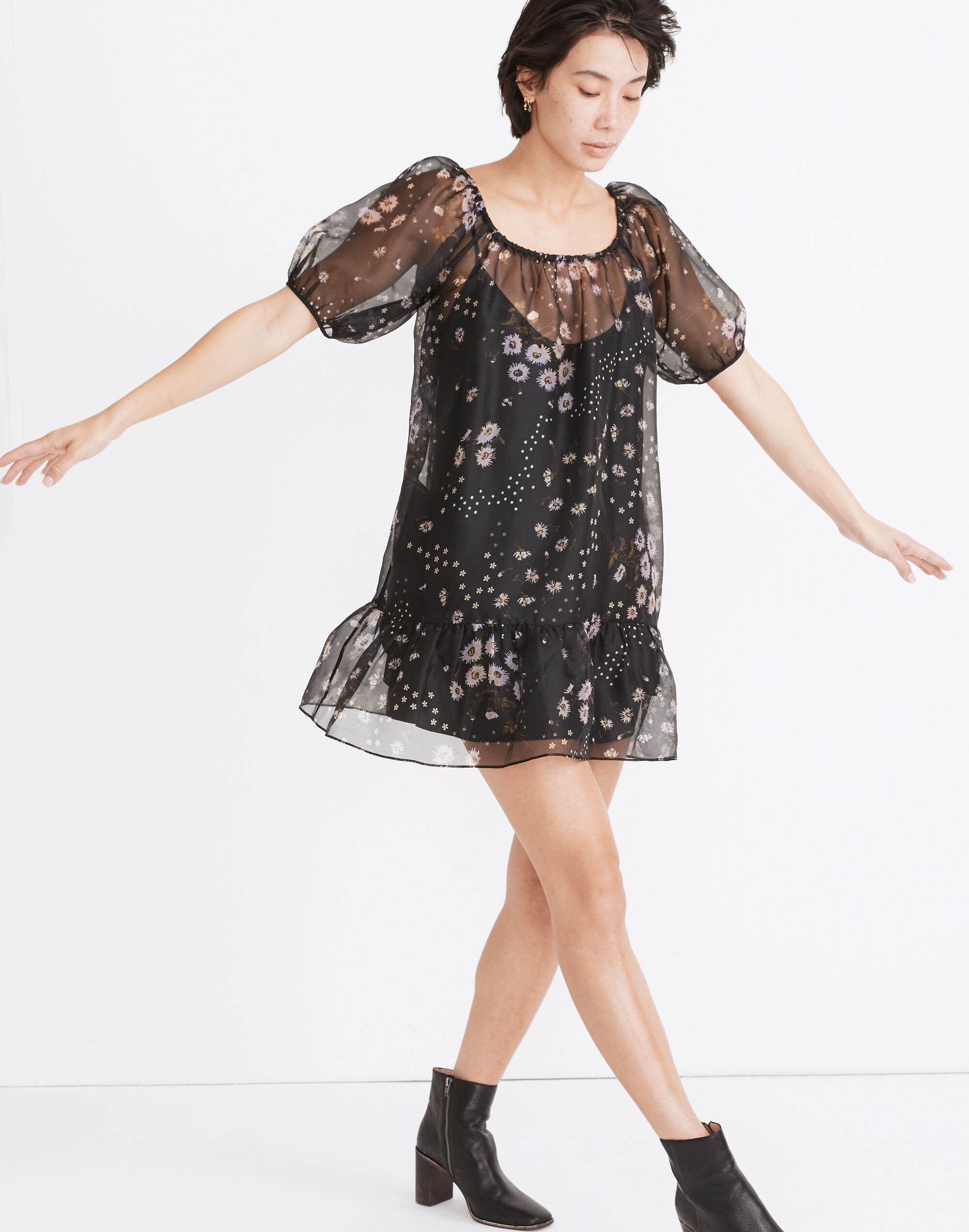 Silk Organza Puff-Sleeve Ruffle-Hem Mini Dress in Polka Daisies