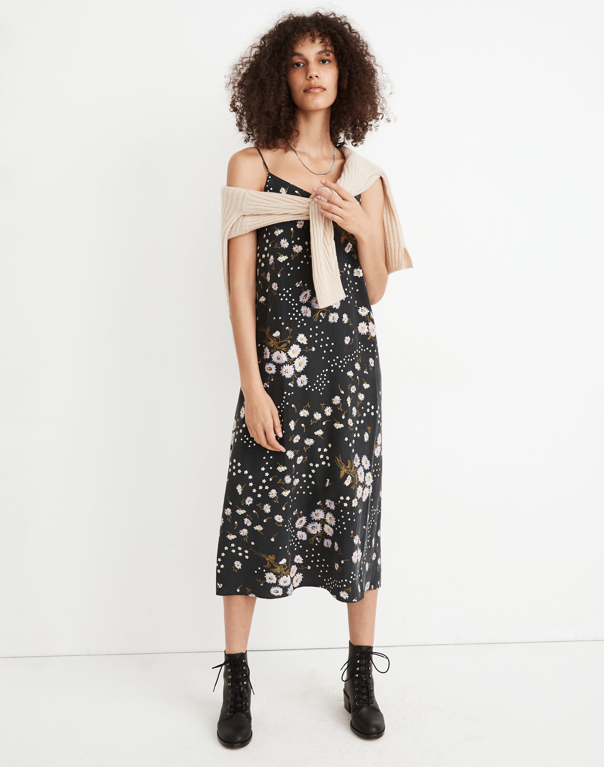 Silk Eva Slip Dress in Polka Daisies
