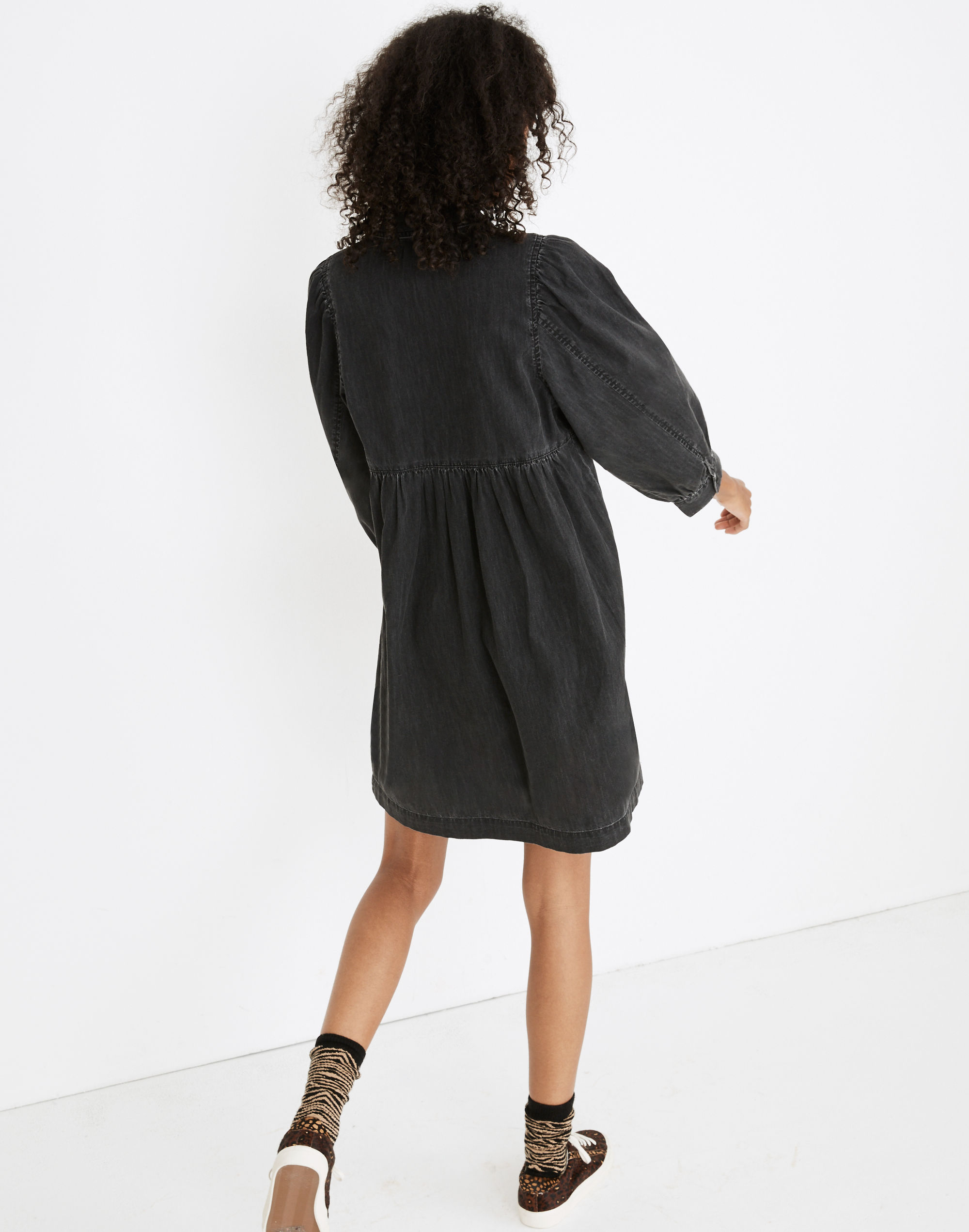 Denim Babydoll Shirtdress in Washed Black