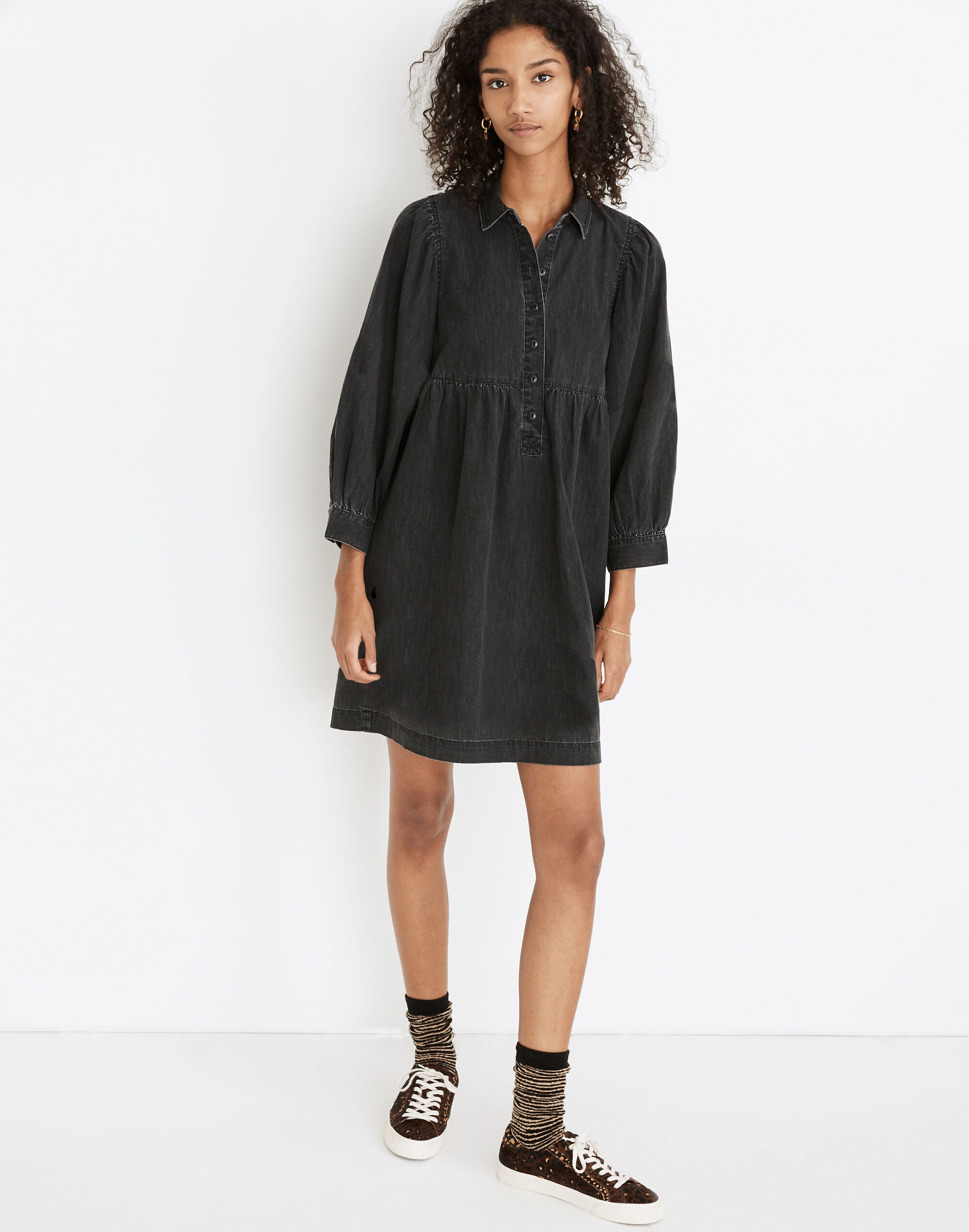 Denim Babydoll Shirtdress in Washed Black