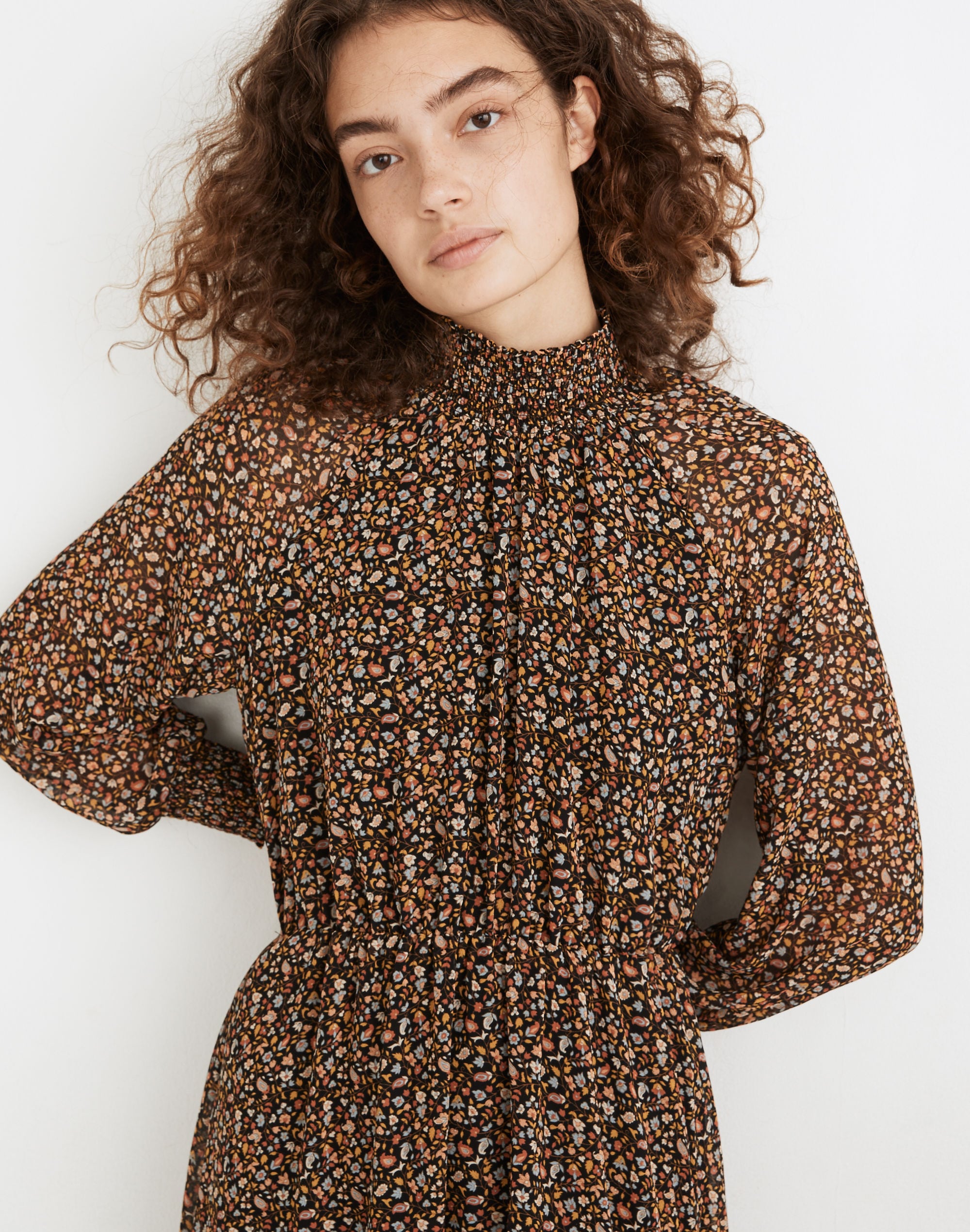 (Re)sourced Georgette Smocked-Neck Midi Dress in Folktale Paisley