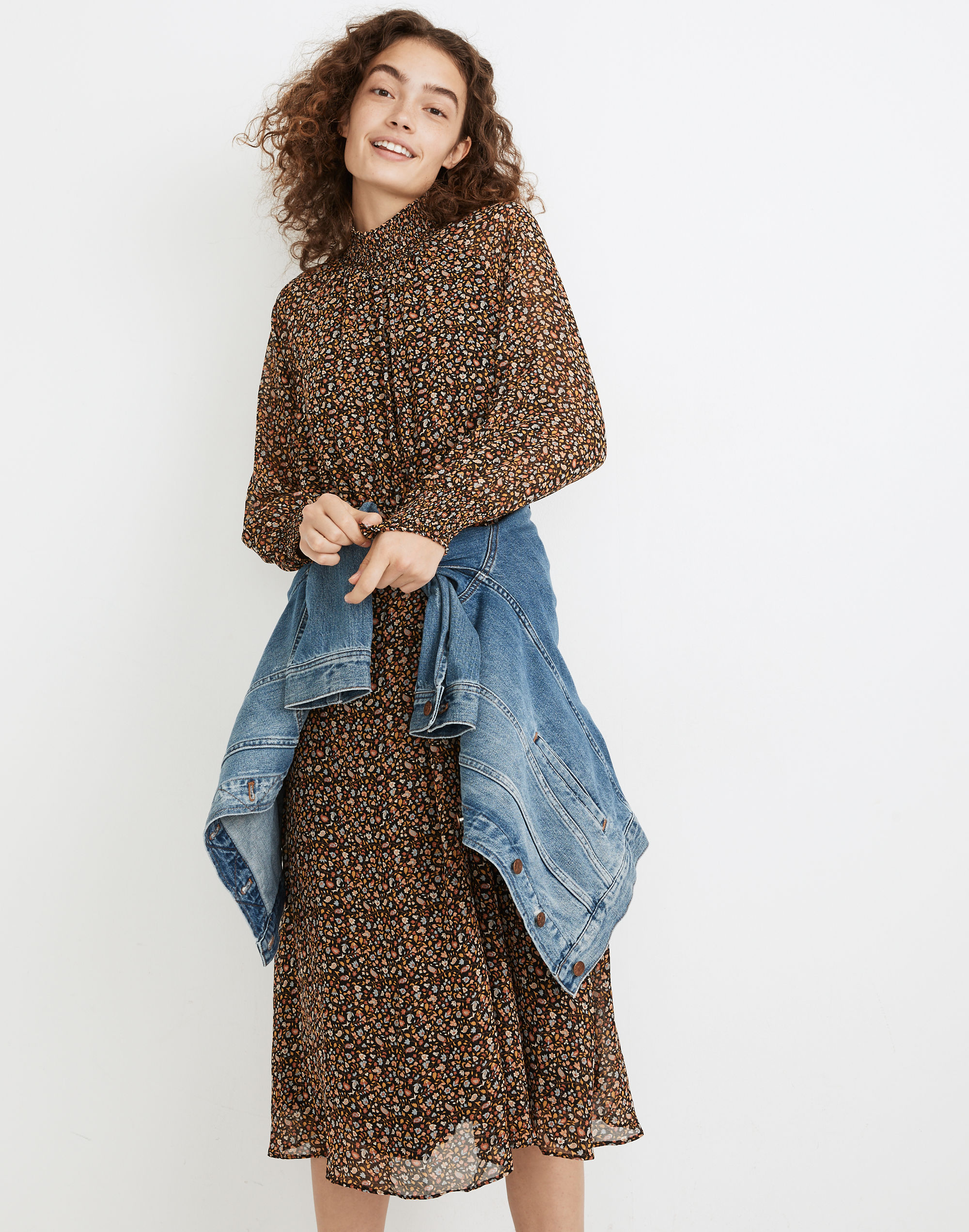 (Re)sourced Georgette Smocked-Neck Midi Dress in Folktale Paisley