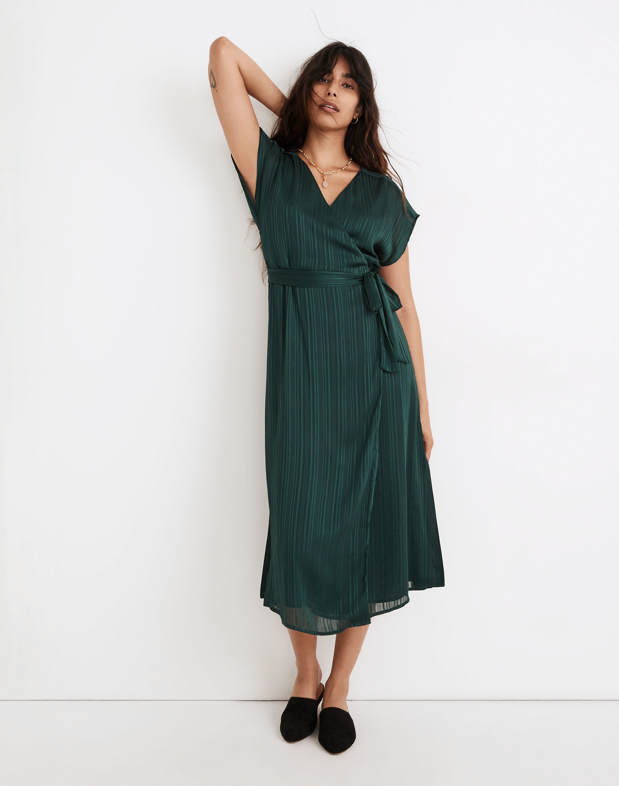 satin stripe wrap midi dress