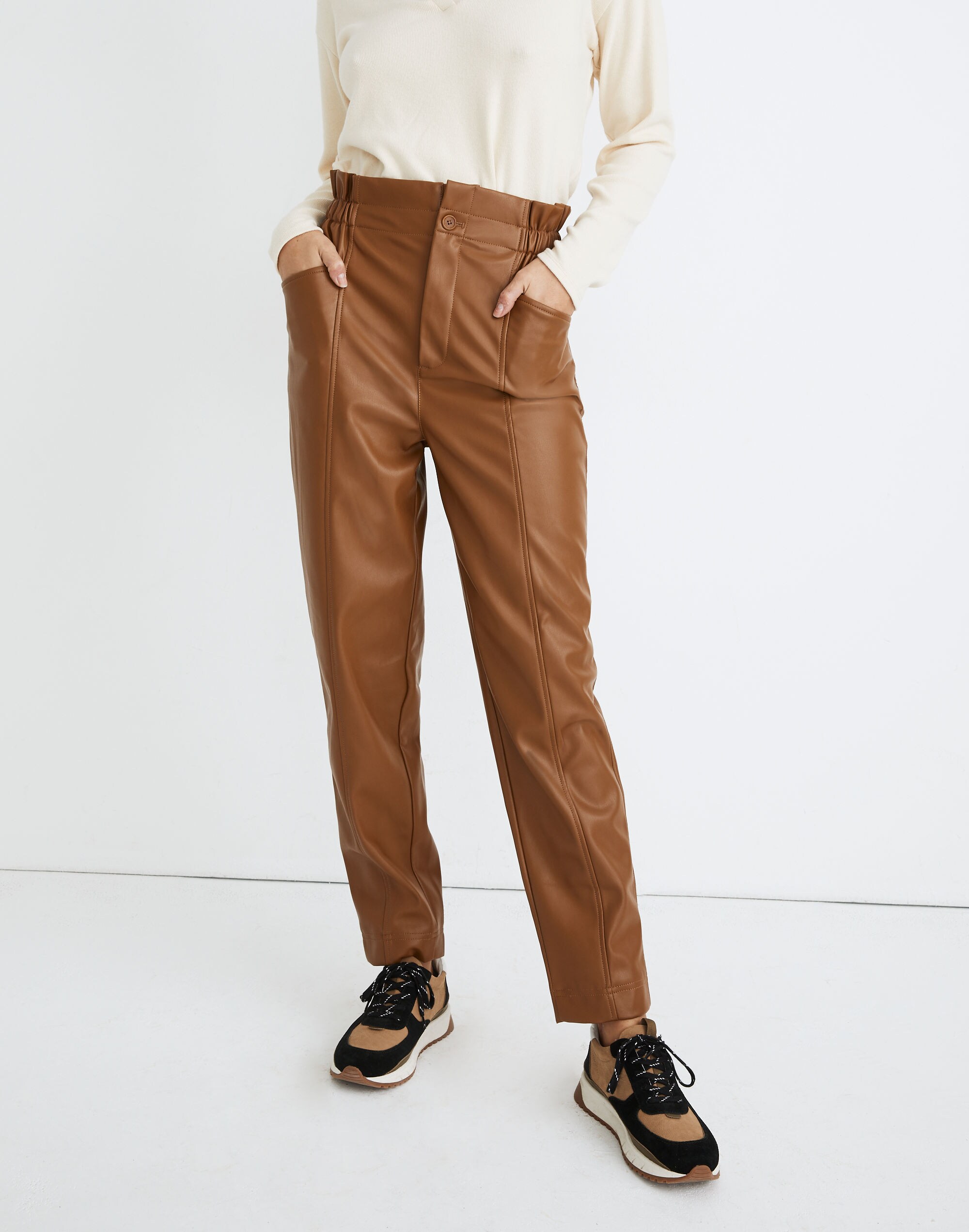 Vegan Leather Pull-On Paperbag Pants