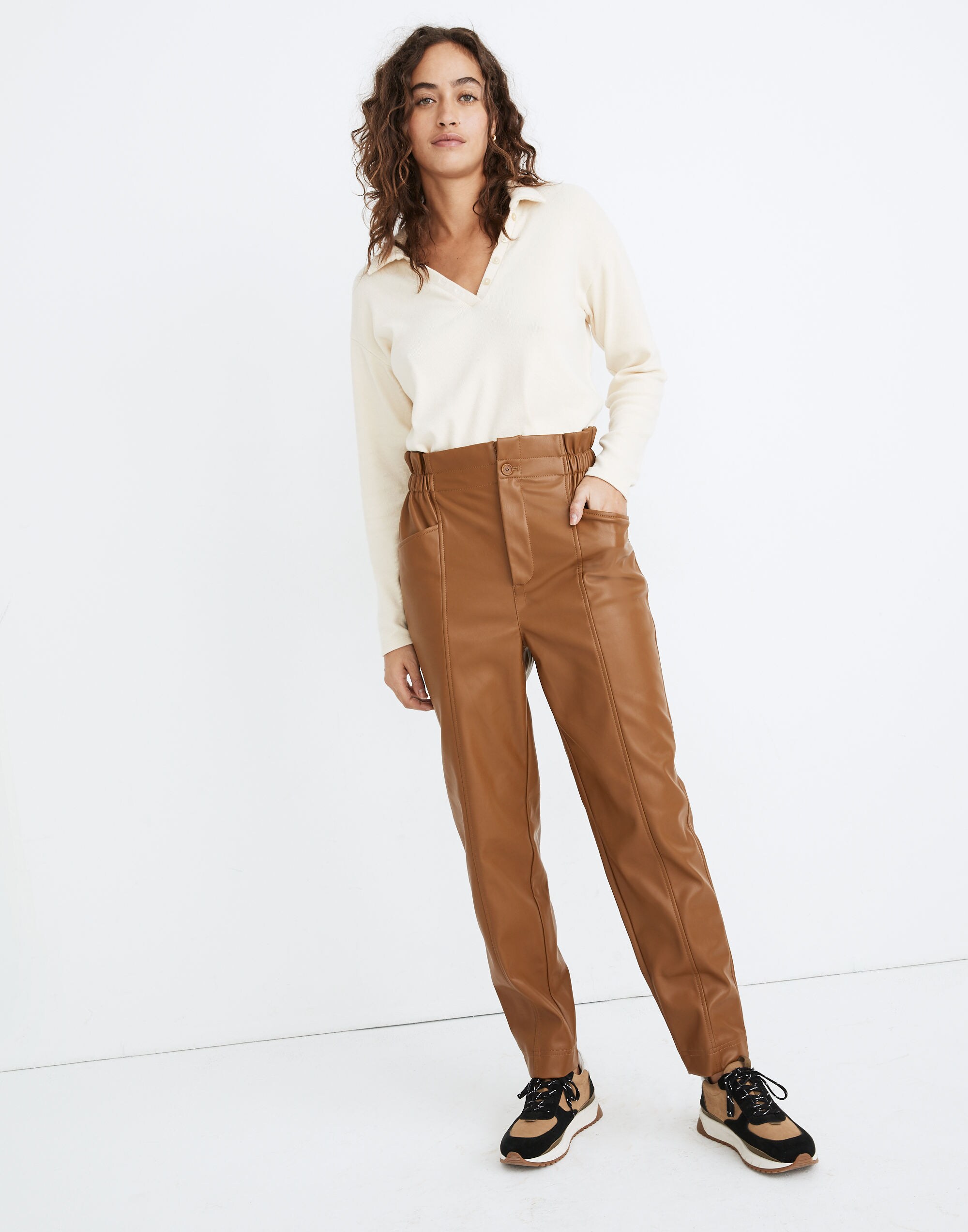 Vegan Leather Pull-On Paperbag Pants