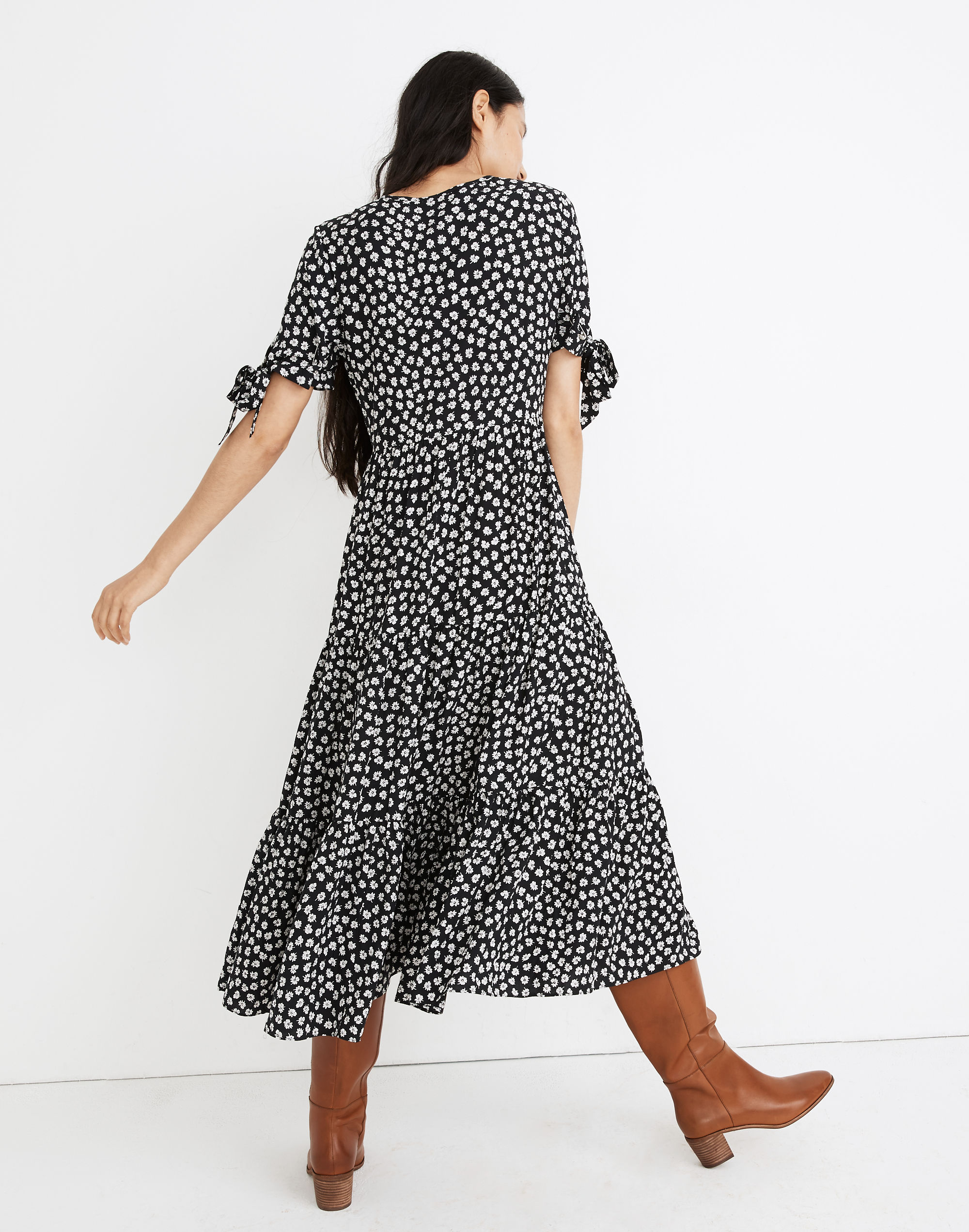 Tie-Sleeve Tiered Midi Dress in Woodcut Flowers