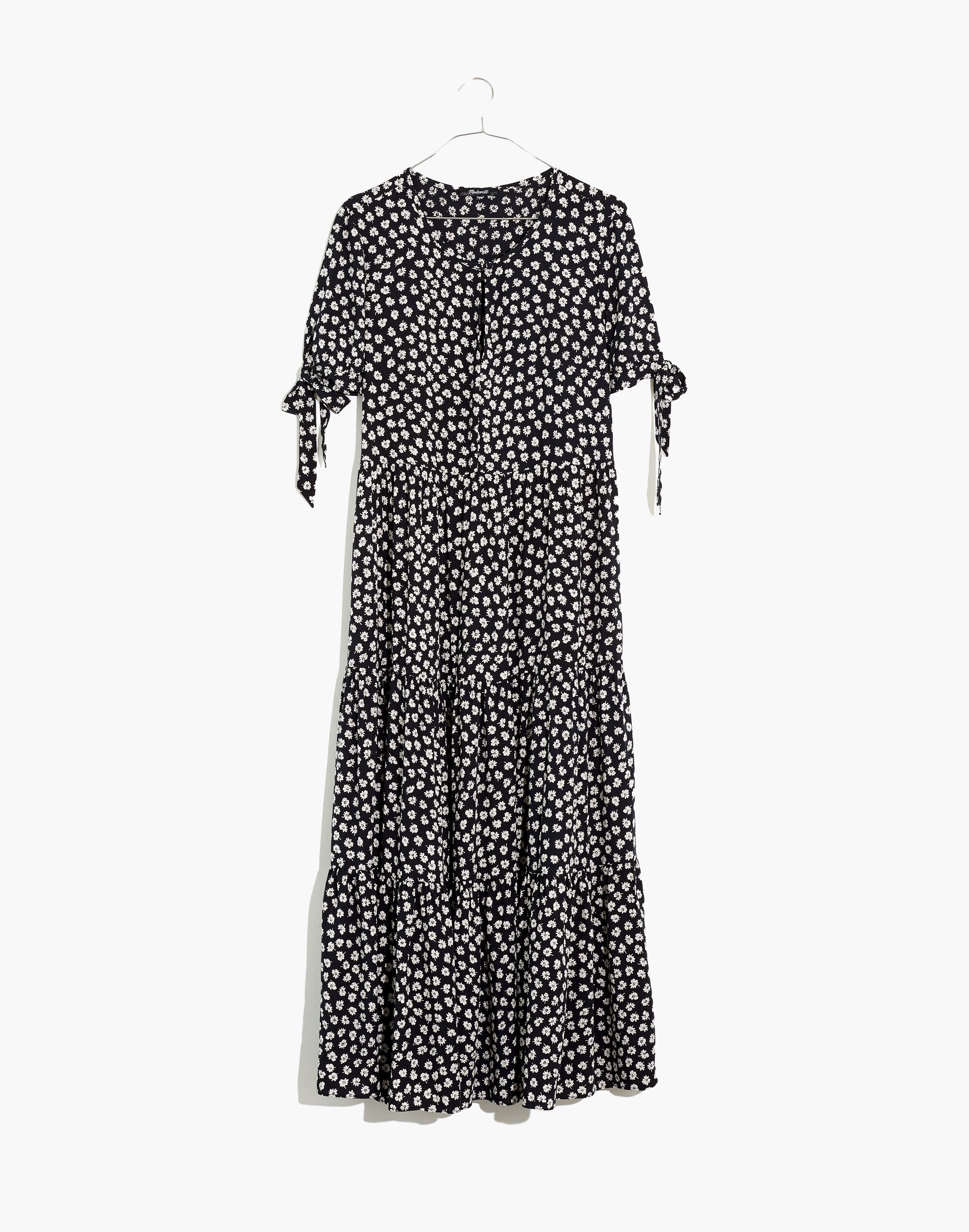 Tie-Sleeve Tiered Midi Dress in Woodcut Flowers