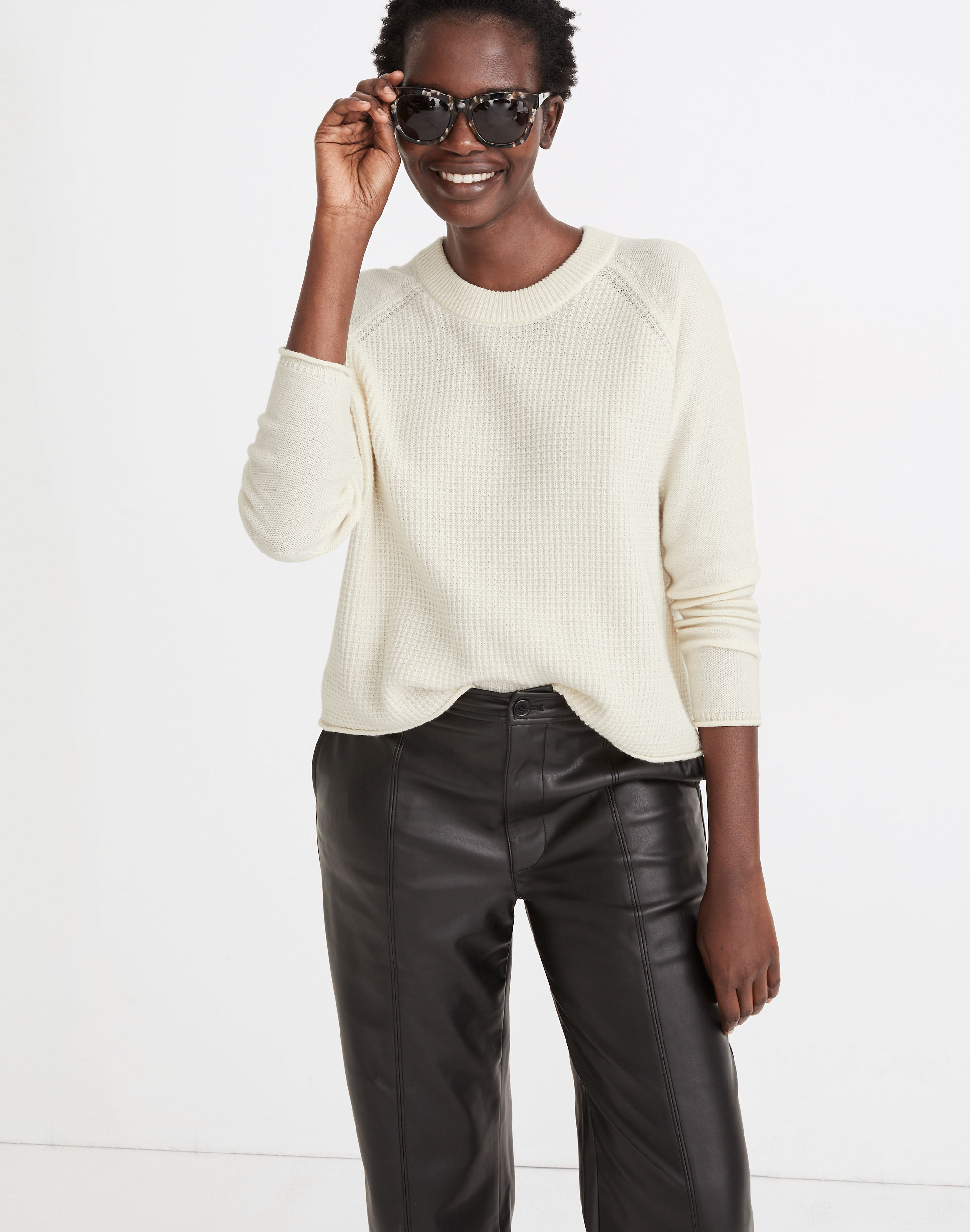 Roll-Trim Waffle Pullover Sweater in Cotton-Merino Yarn