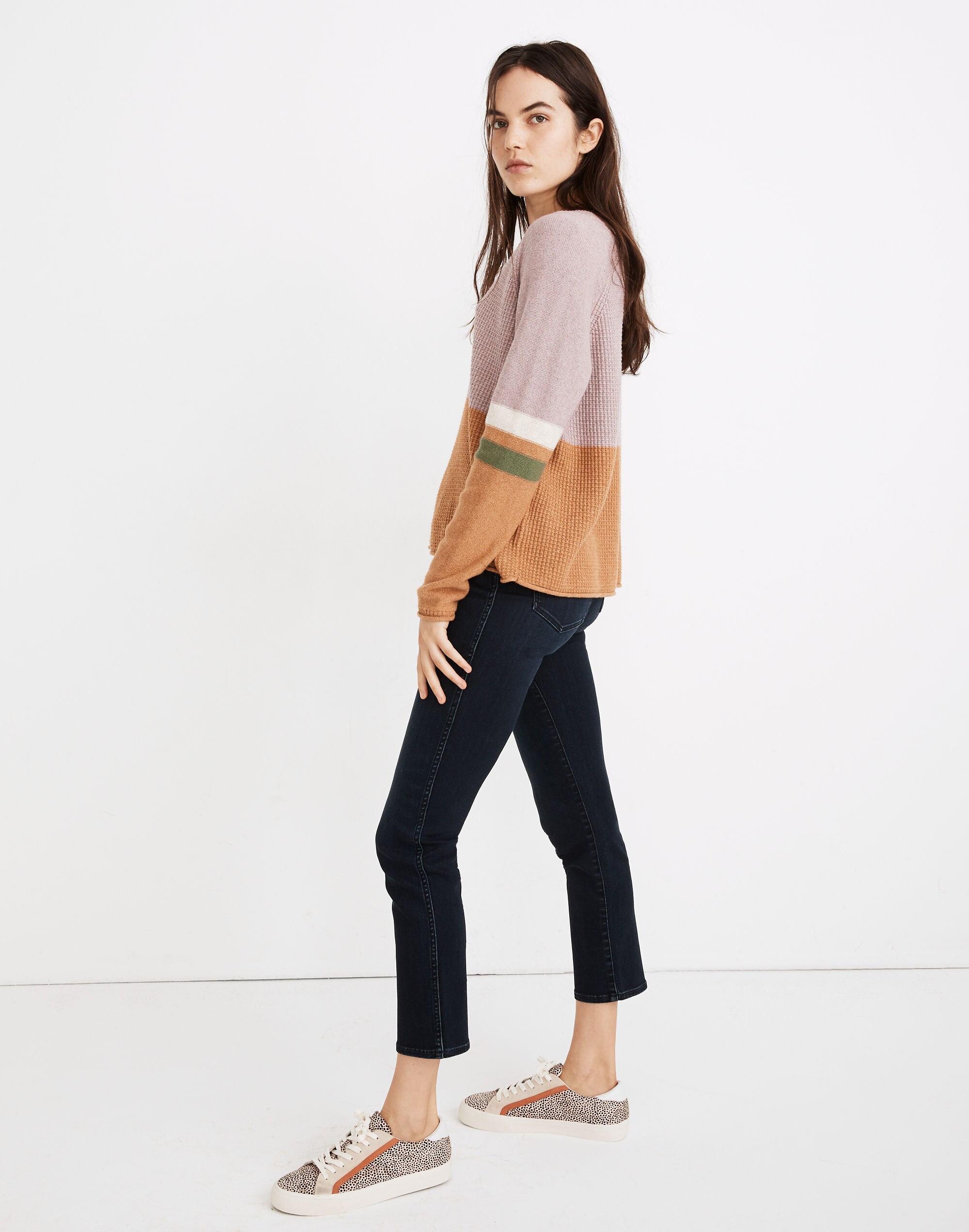 Striped Roll-Trim Waffle Pullover Sweater in Cotton-Merino Yarn