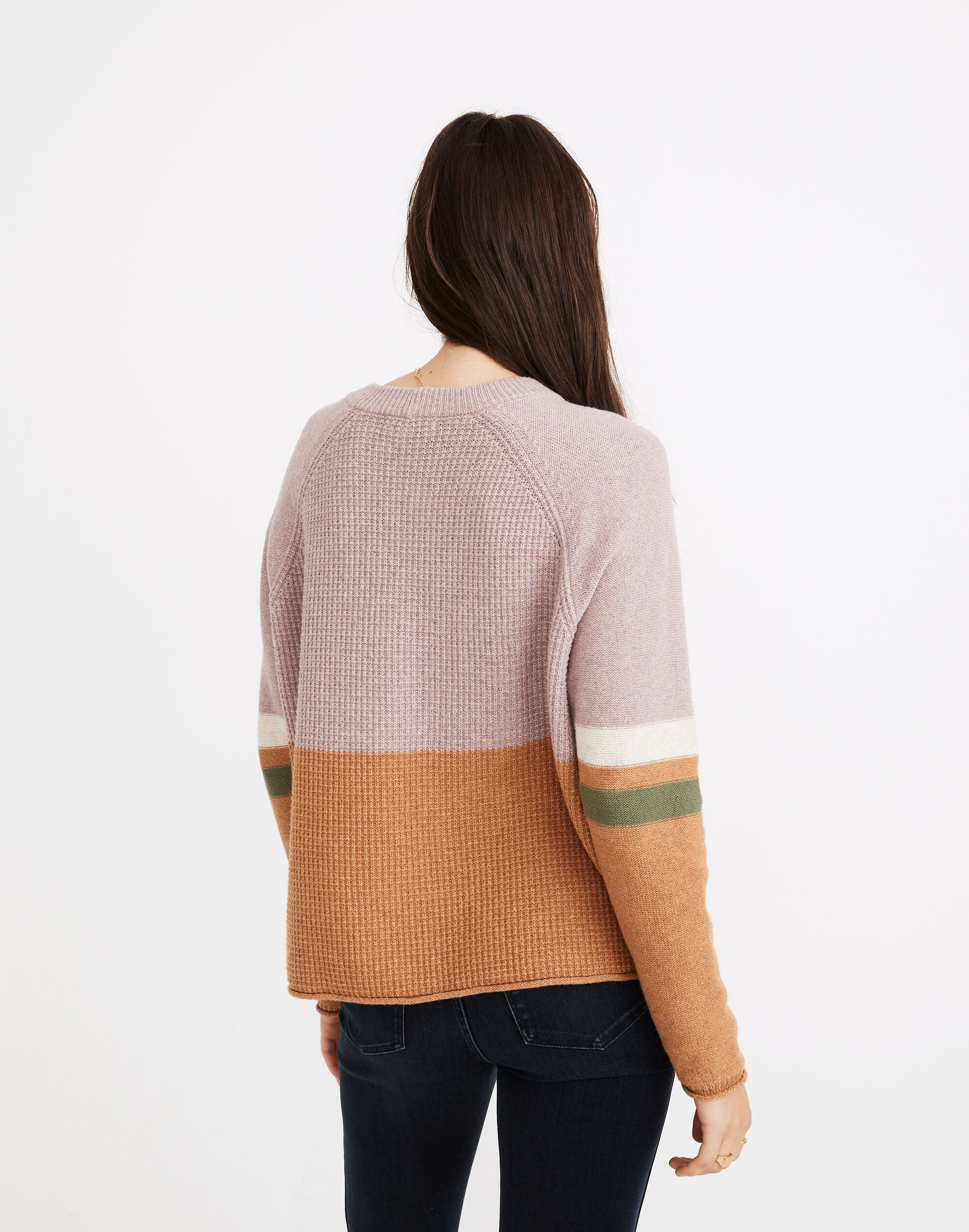 Striped Roll-Trim Waffle Pullover Sweater in Cotton-Merino Yarn
