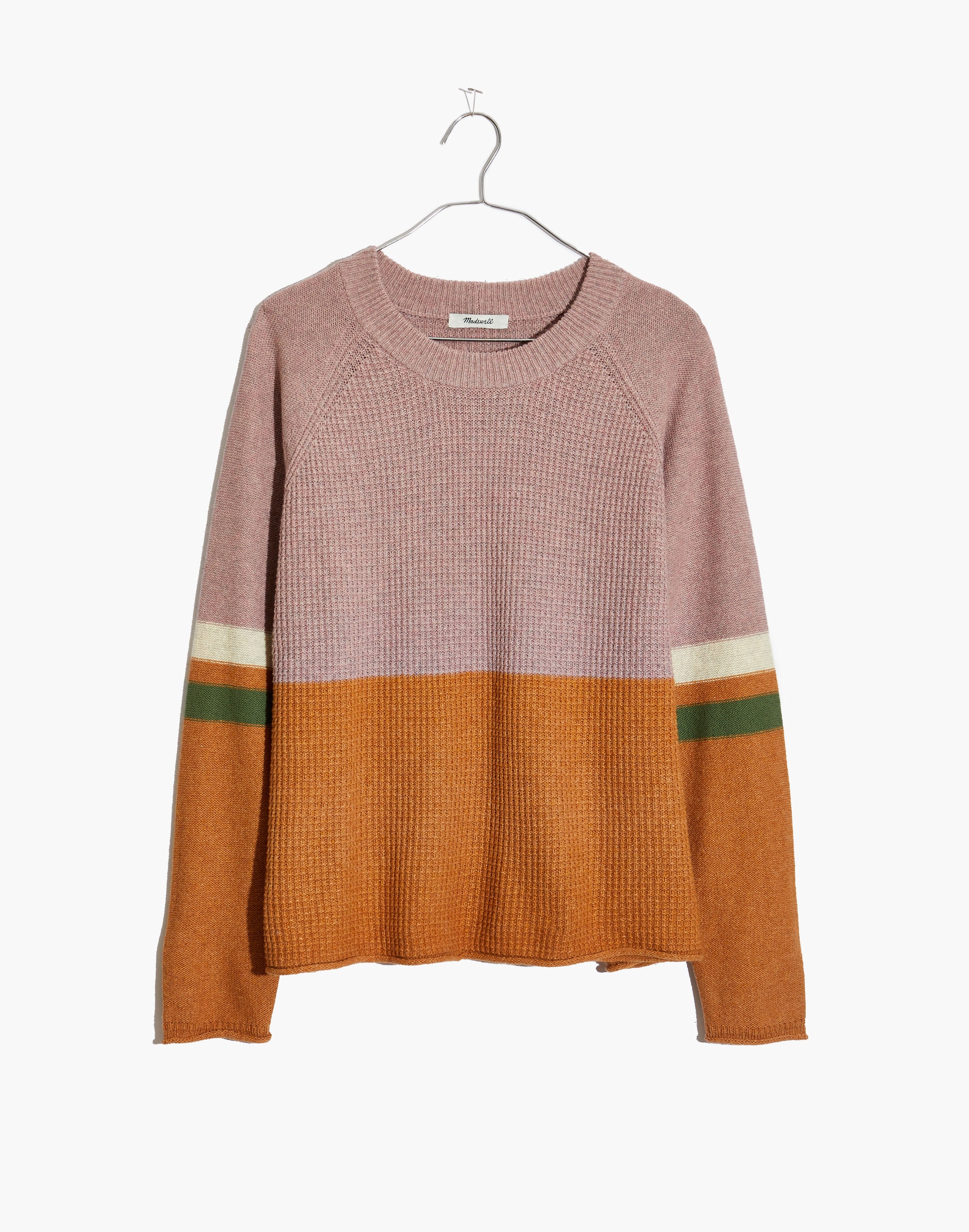 Striped Roll-Trim Waffle Pullover Sweater in Cotton-Merino Yarn