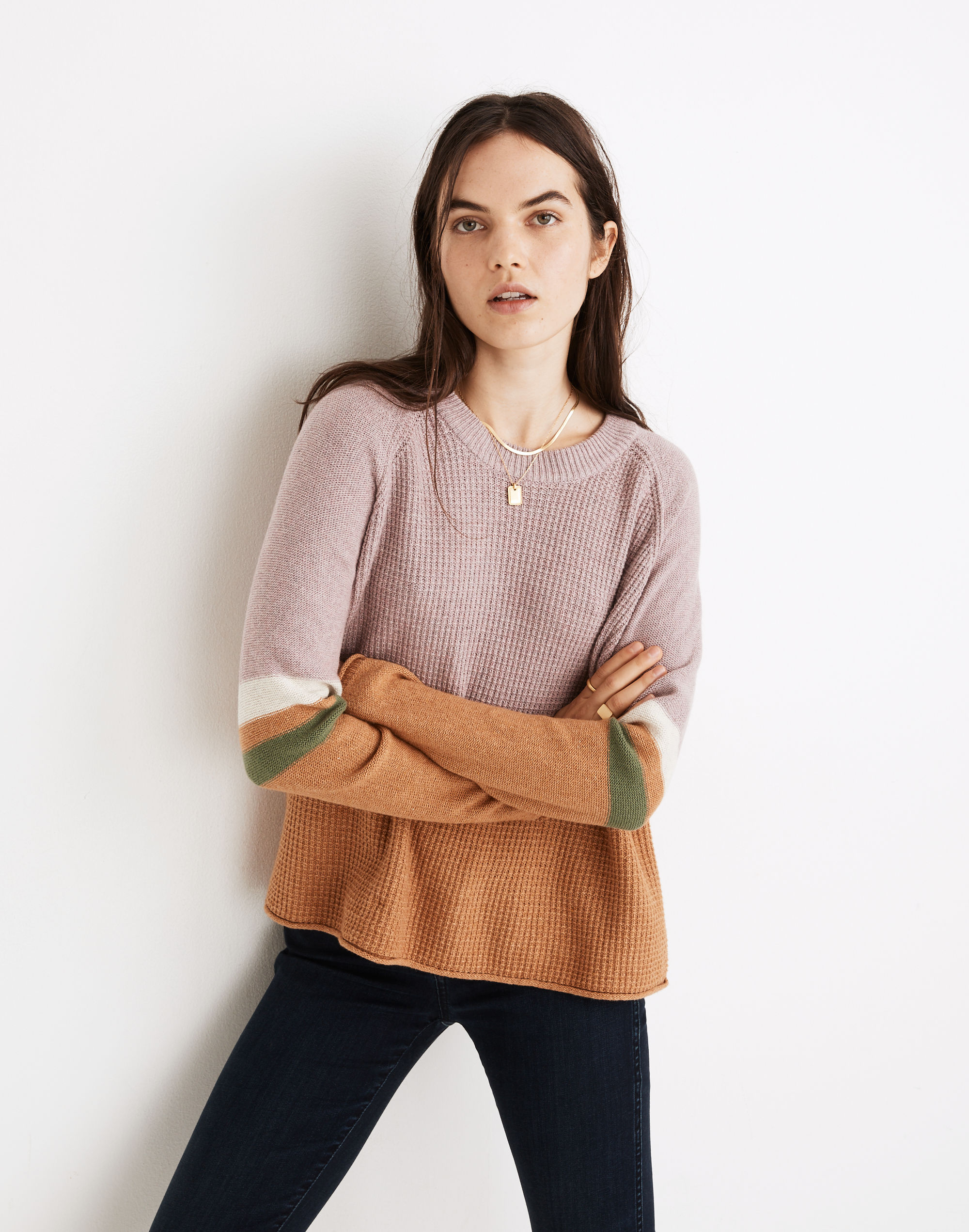 striped roll-trim waffle pullover sweater in cotton-merino yarn