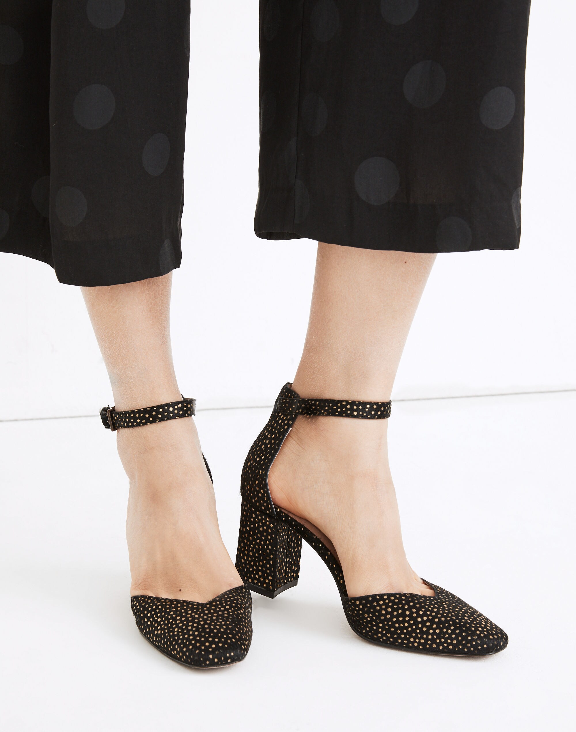 The Dove High-Heel Sandal in Metallic Dot Calf Hair