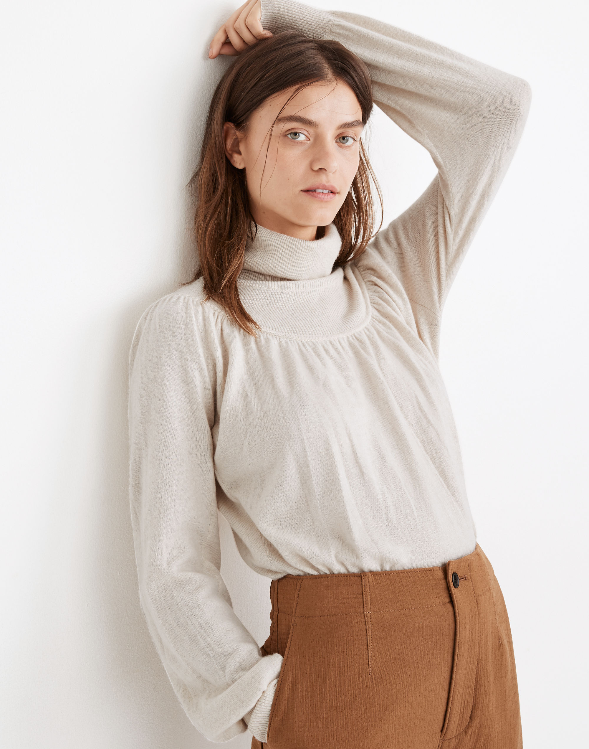 Shirred Balloon-Sleeve Turtleneck Sweater