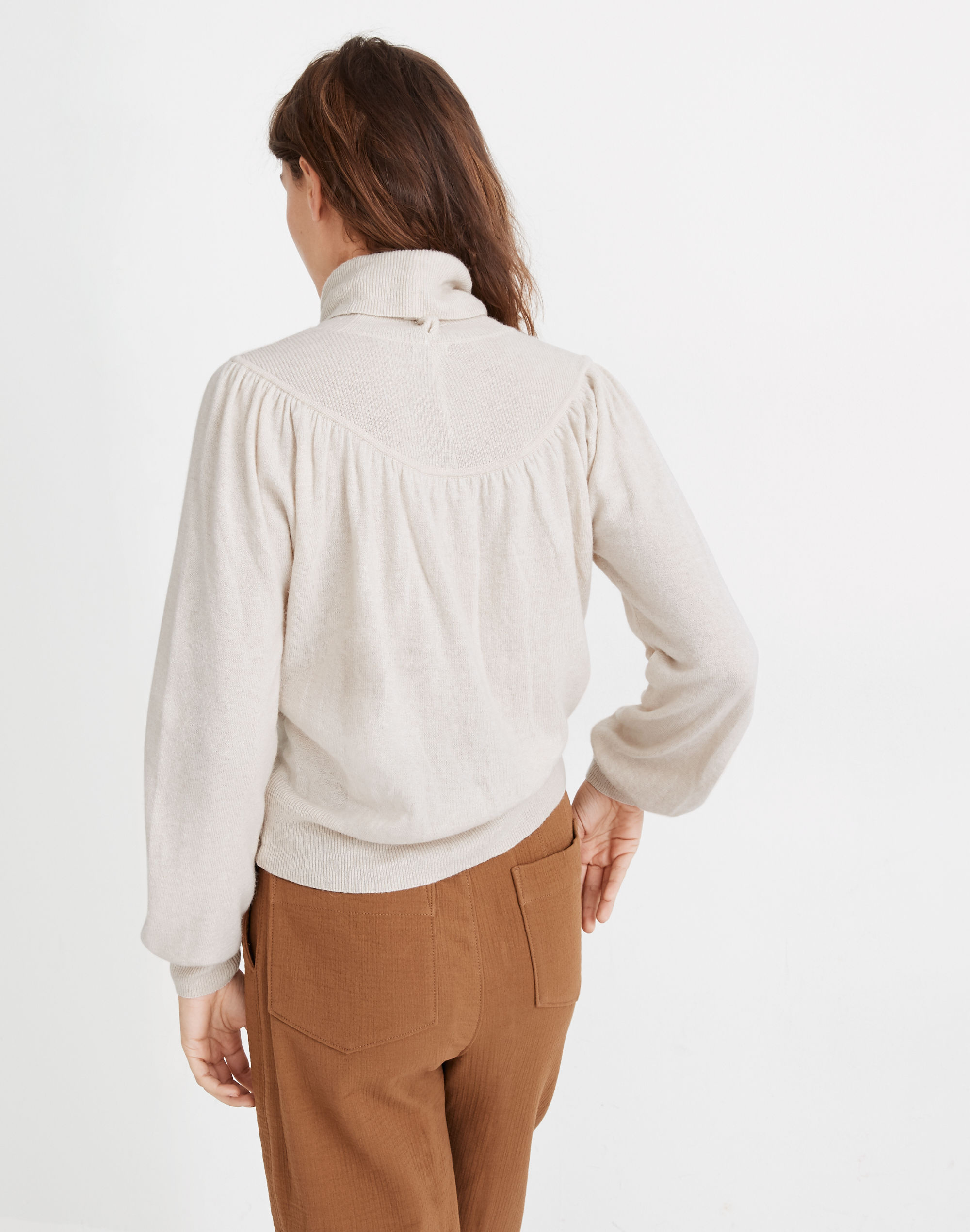 Shirred Balloon-Sleeve Turtleneck Sweater