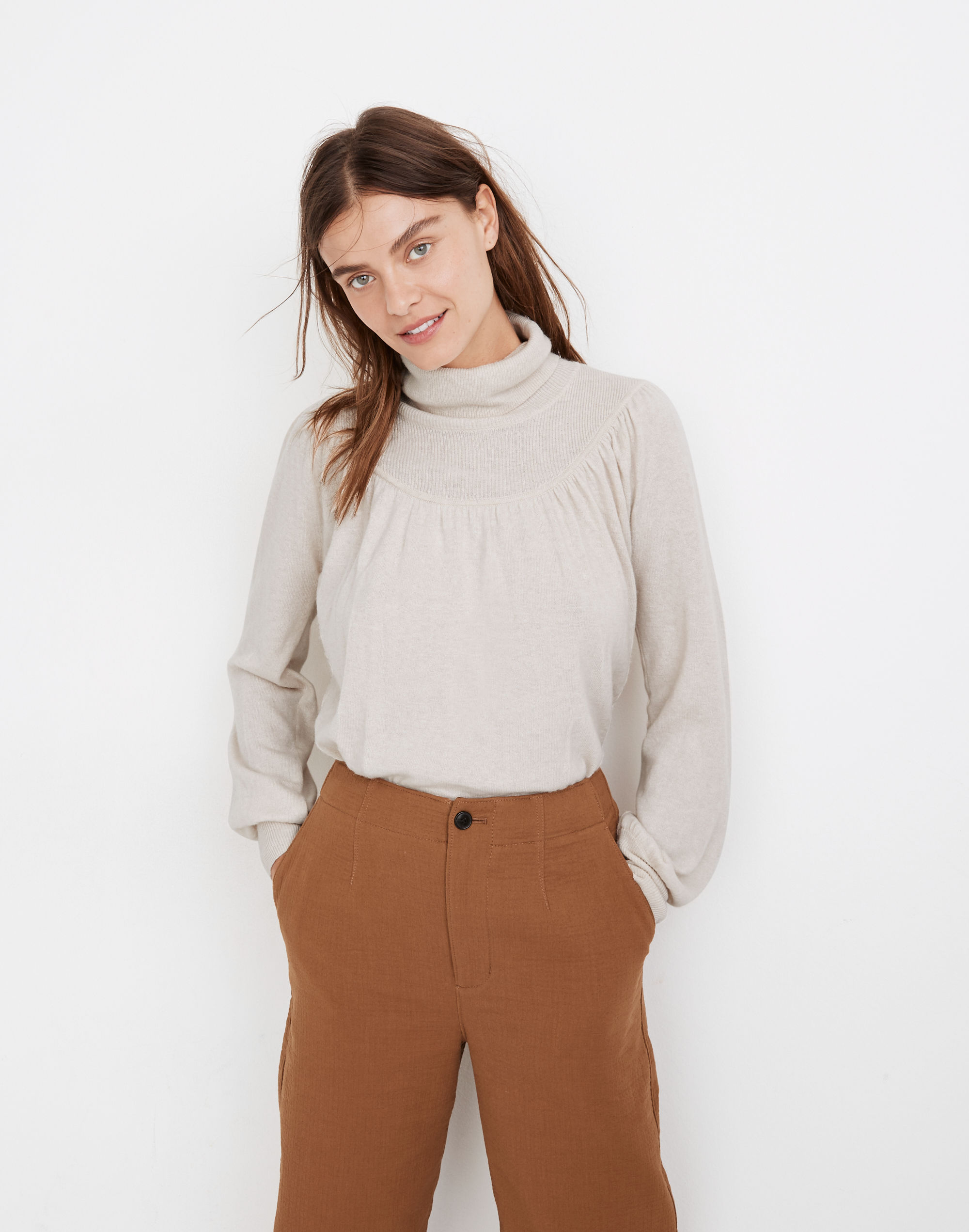 Shirred Balloon-Sleeve Turtleneck Sweater