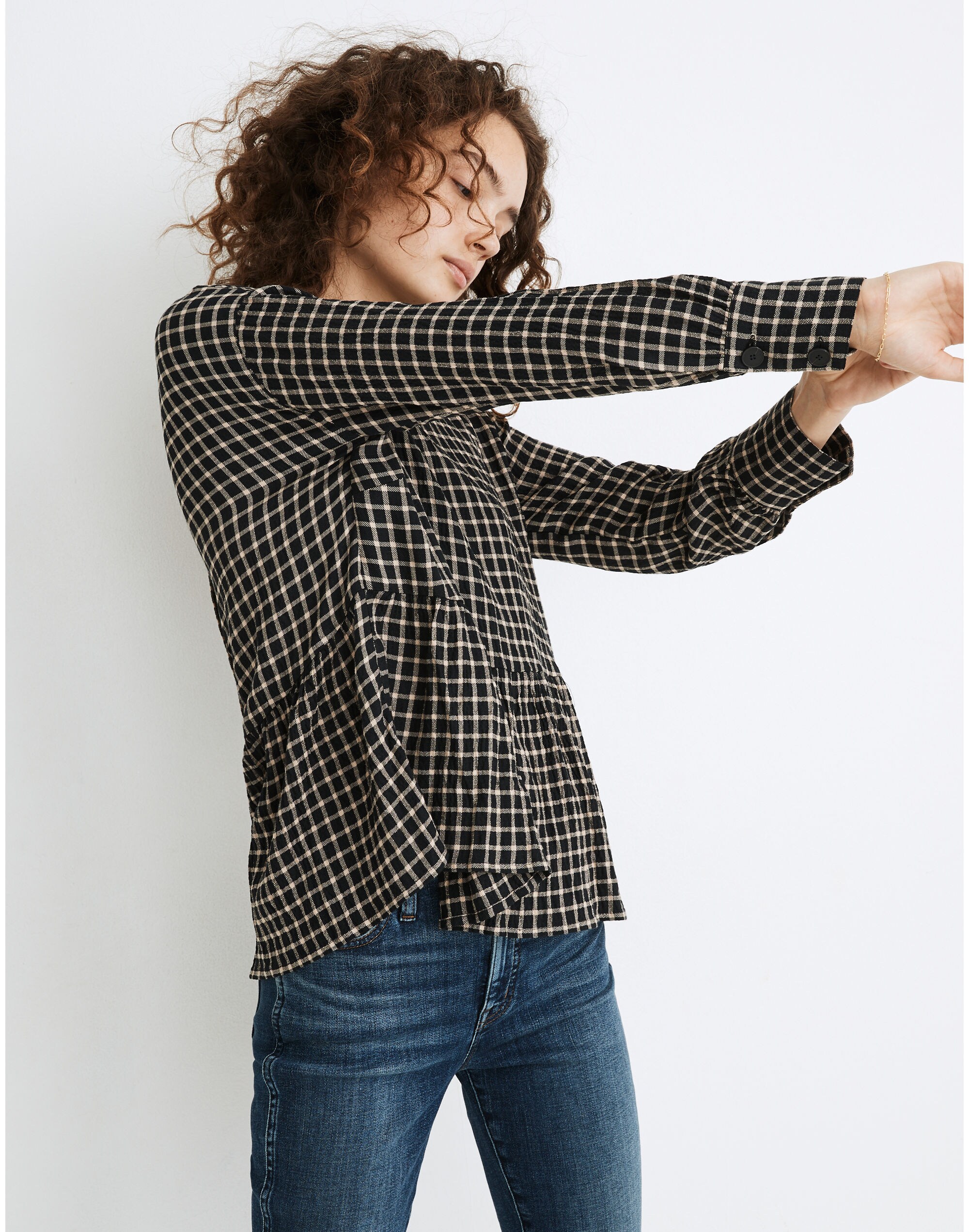 Button-Back Peplum Top in Mini Windowpane