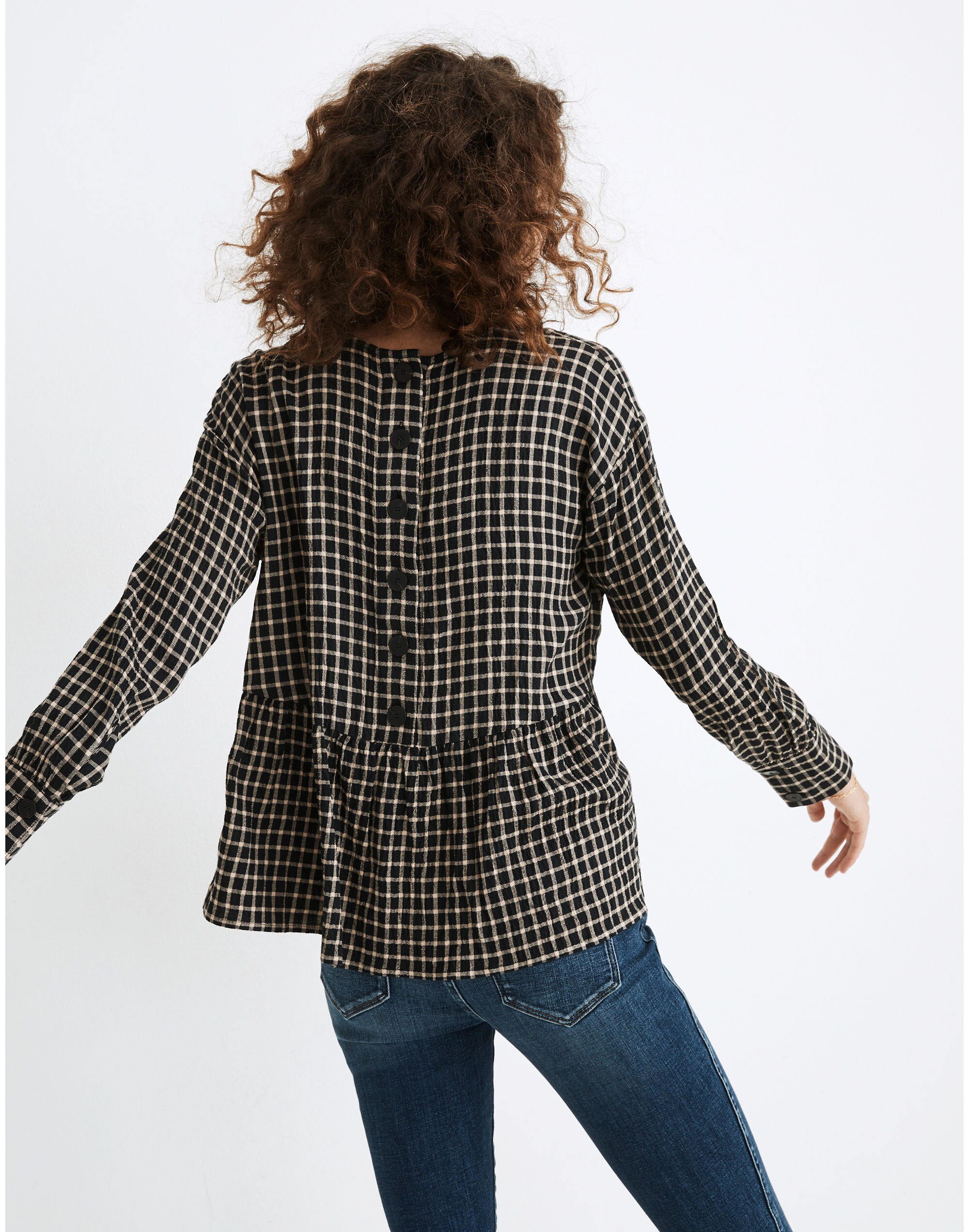 Button-Back Peplum Top in Mini Windowpane