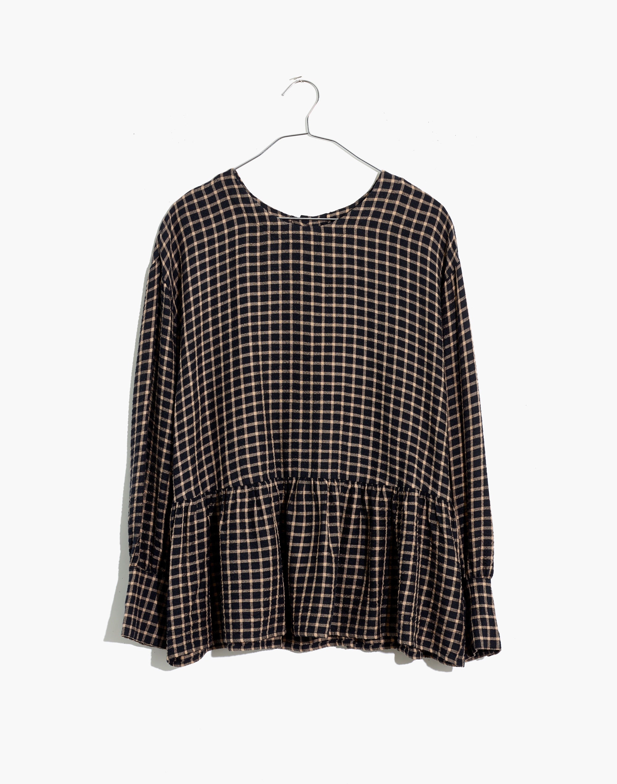 Button-Back Peplum Top in Mini Windowpane