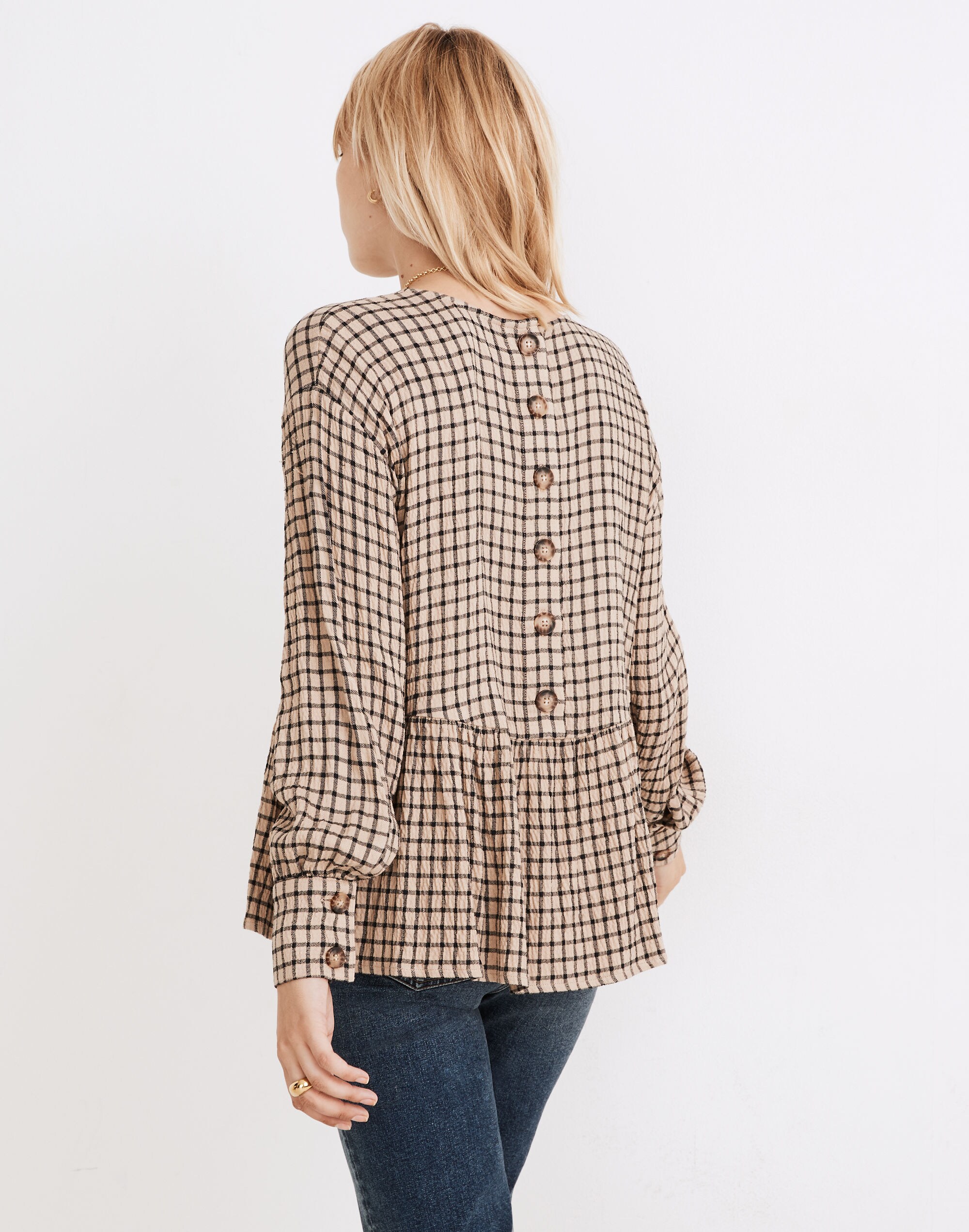 Button-Back Peplum Top in Mini Windowpane