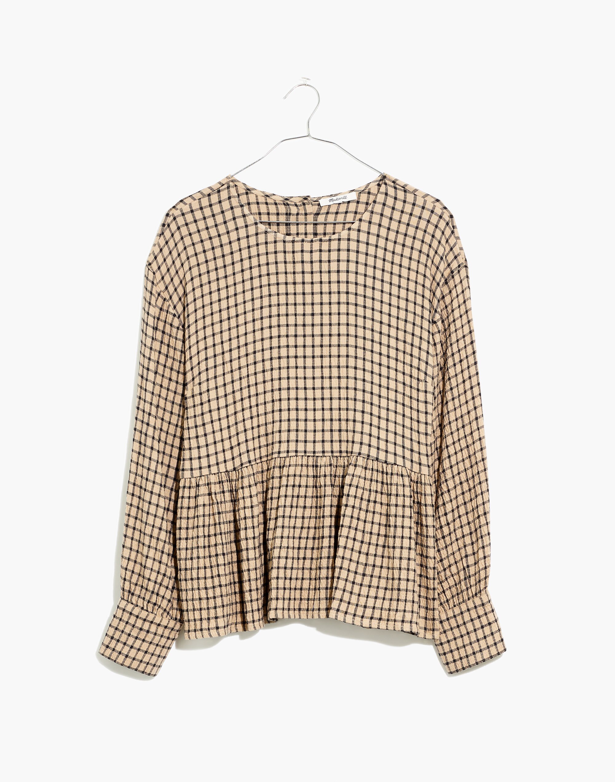 Button-Back Peplum Top in Mini Windowpane