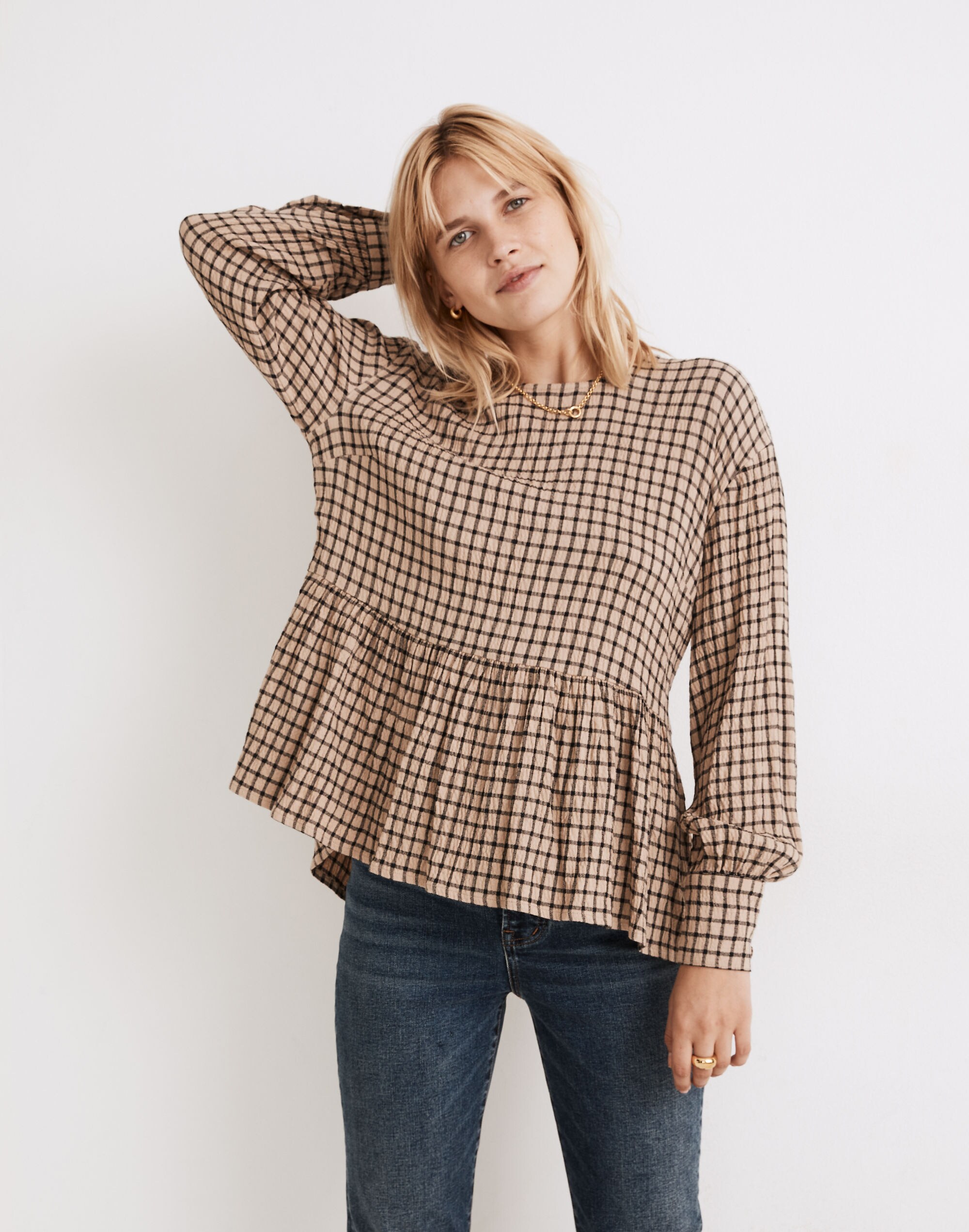 Button-Back Peplum Top in Mini Windowpane