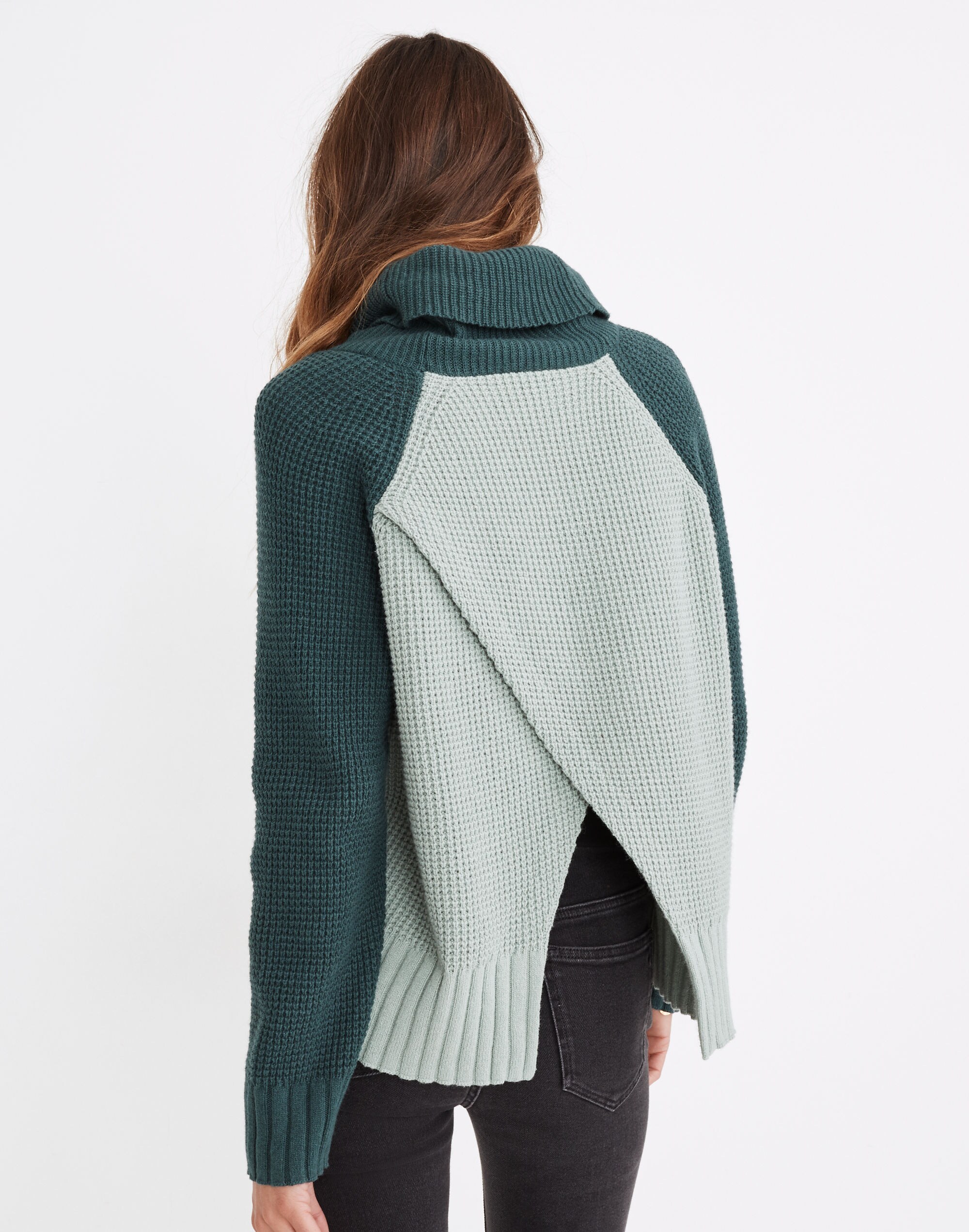 Colorblock Eastbrook Turtleneck Cross-Back Sweater in Cotton-Merino Yarn