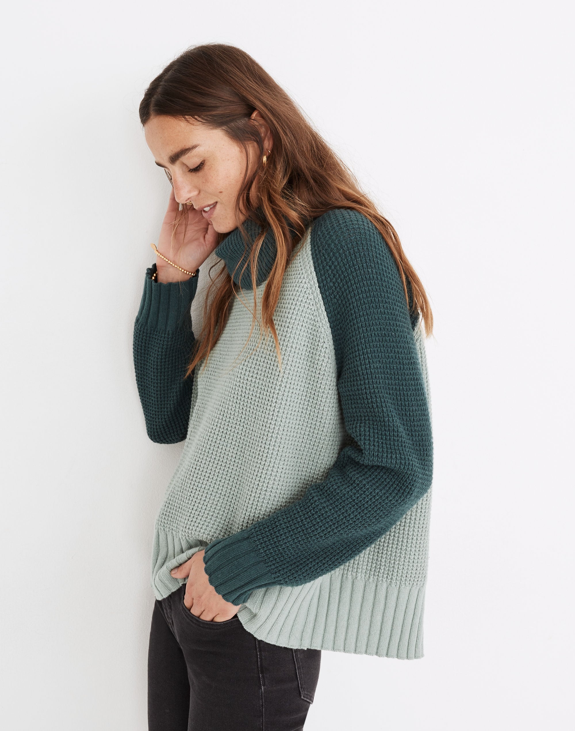 Colorblock Eastbrook Turtleneck Cross-Back Sweater in Cotton-Merino Yarn