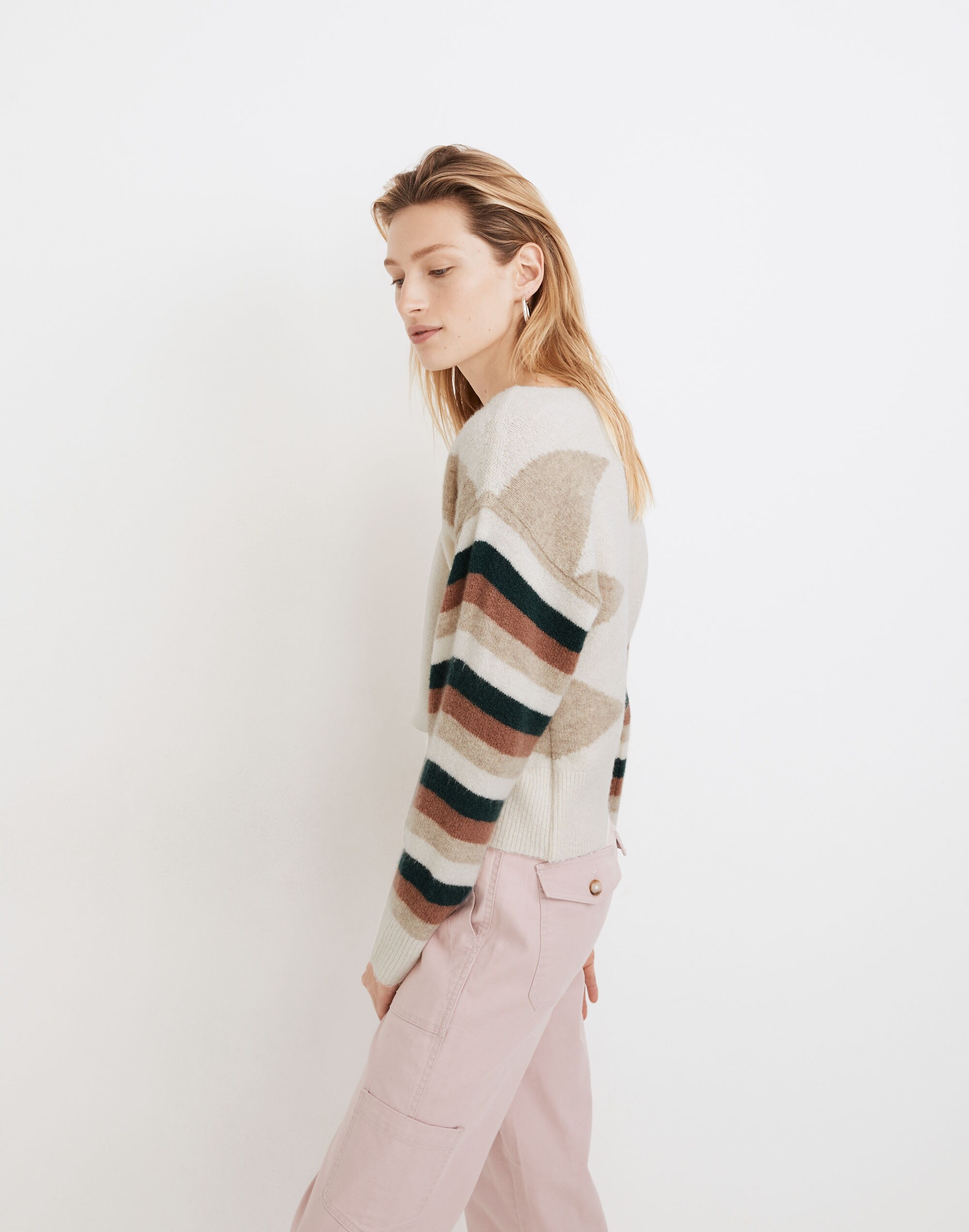 Stripe-Sleeve Geo Pullover Sweater